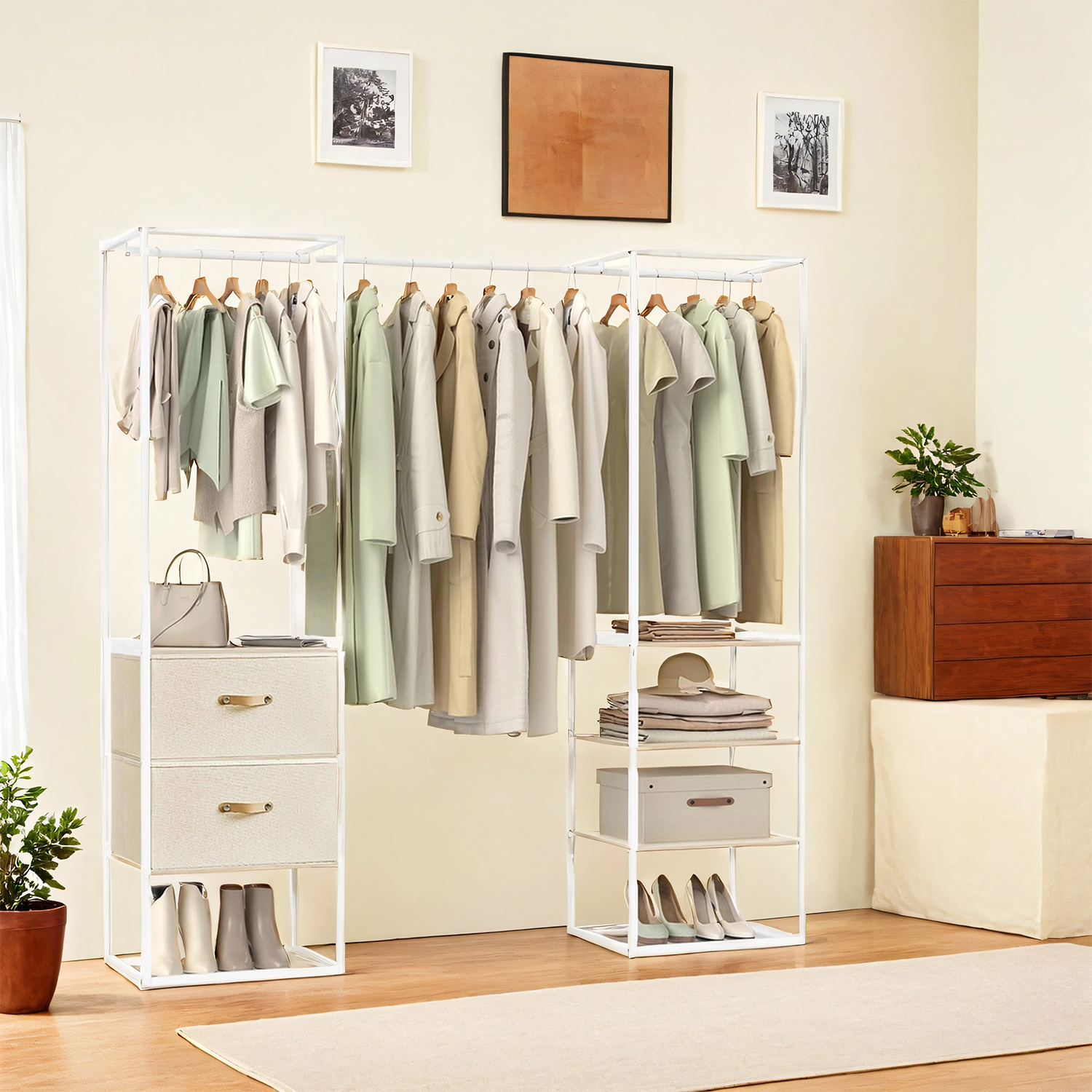 TEMU Kleiderständer, offener Kleiderschrank, Garderobenständer hochbelastbar, 1 ausziehbare Stange, 2 Schubladen, 4 Ablagen