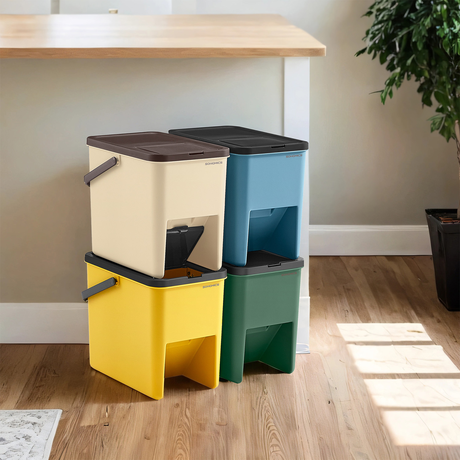 E-shop 4x20L Mülleimer kuche , Mülltrennsystem, Pfandflaschensammelbehalter,Mülleimer stapelbar, Klappdeckel, mit Aufklebern，, Aufbewahrungsbox, gelb,