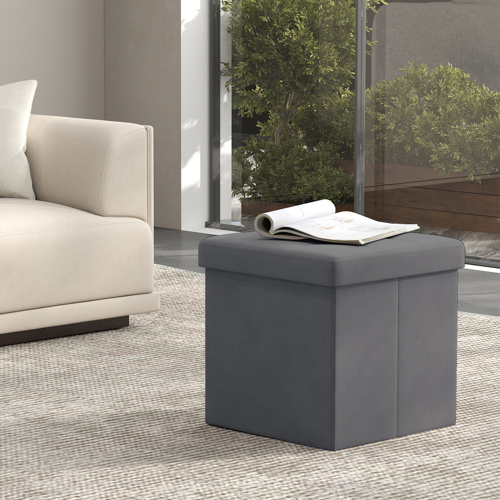 E-shop 38 x 38 cm Fußbank, bis 300 kg belastbar, kleine klappbare Sitzbank, Sitzhocker mit Stauraum, Aufbewahrungsbox, für Wohnzimmer Schlafzimmer
