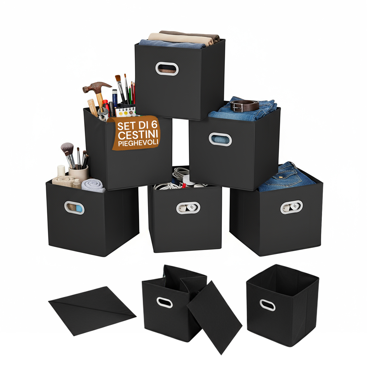 TEMU Set 6 Cestini Pieghevoli Salvaspazio con in Plastica �� 27x27x27 cm