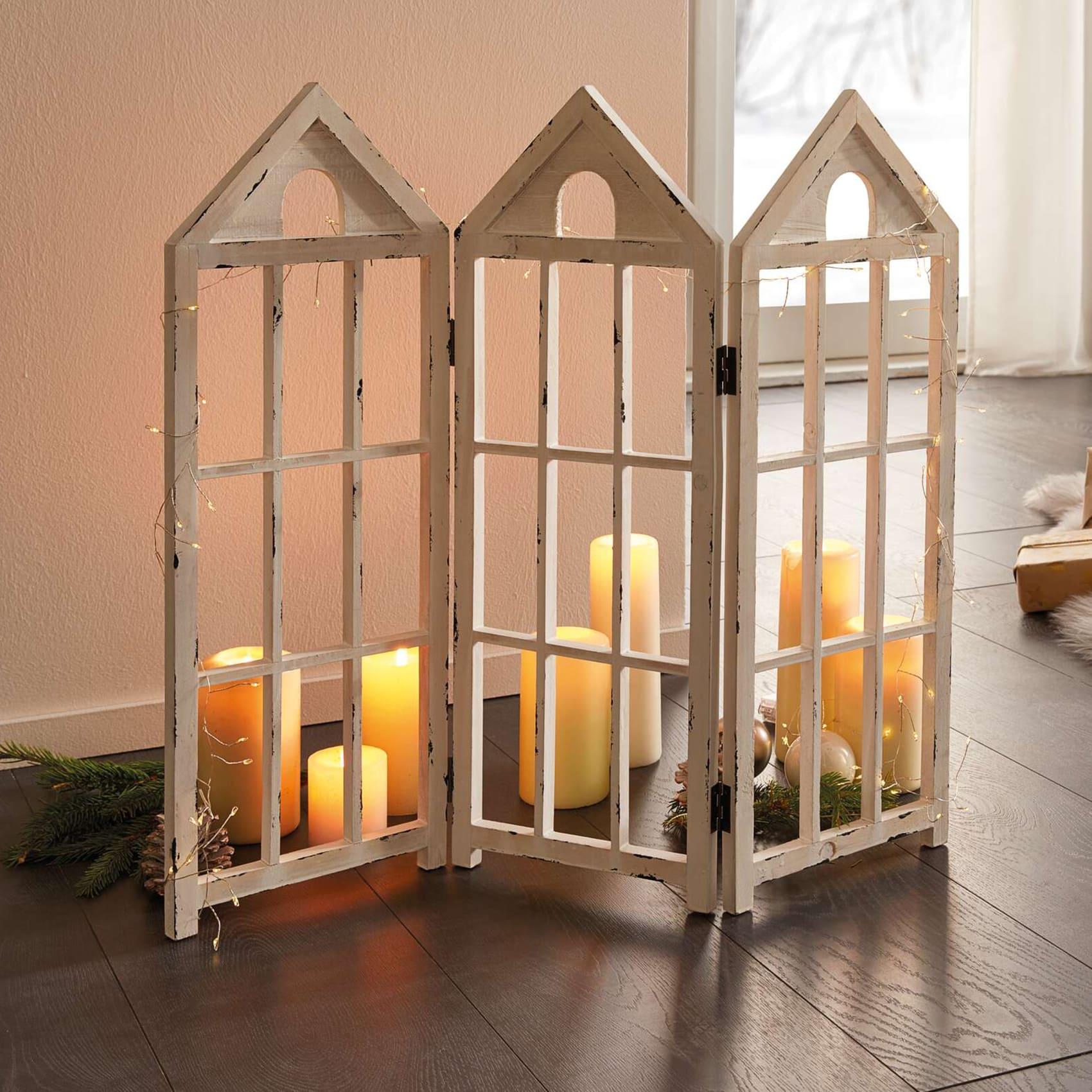 E-shop Deko Paravent "Häuser" aus Holz im Shabby Look, weiß, 66x59 cm, freistehend, 3 teilig, Mini Raumteiler