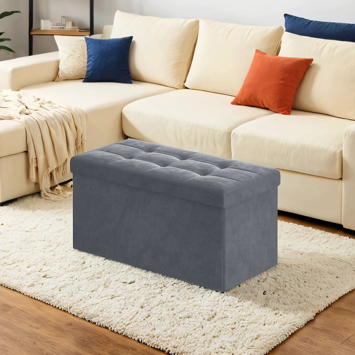Image of Ottoman With Storage Made Of Velvet, 38 X 76 X 38 Cm, Foldable Stool, 2 Extra Storage Boxes, Loadable Up To 300 Kg