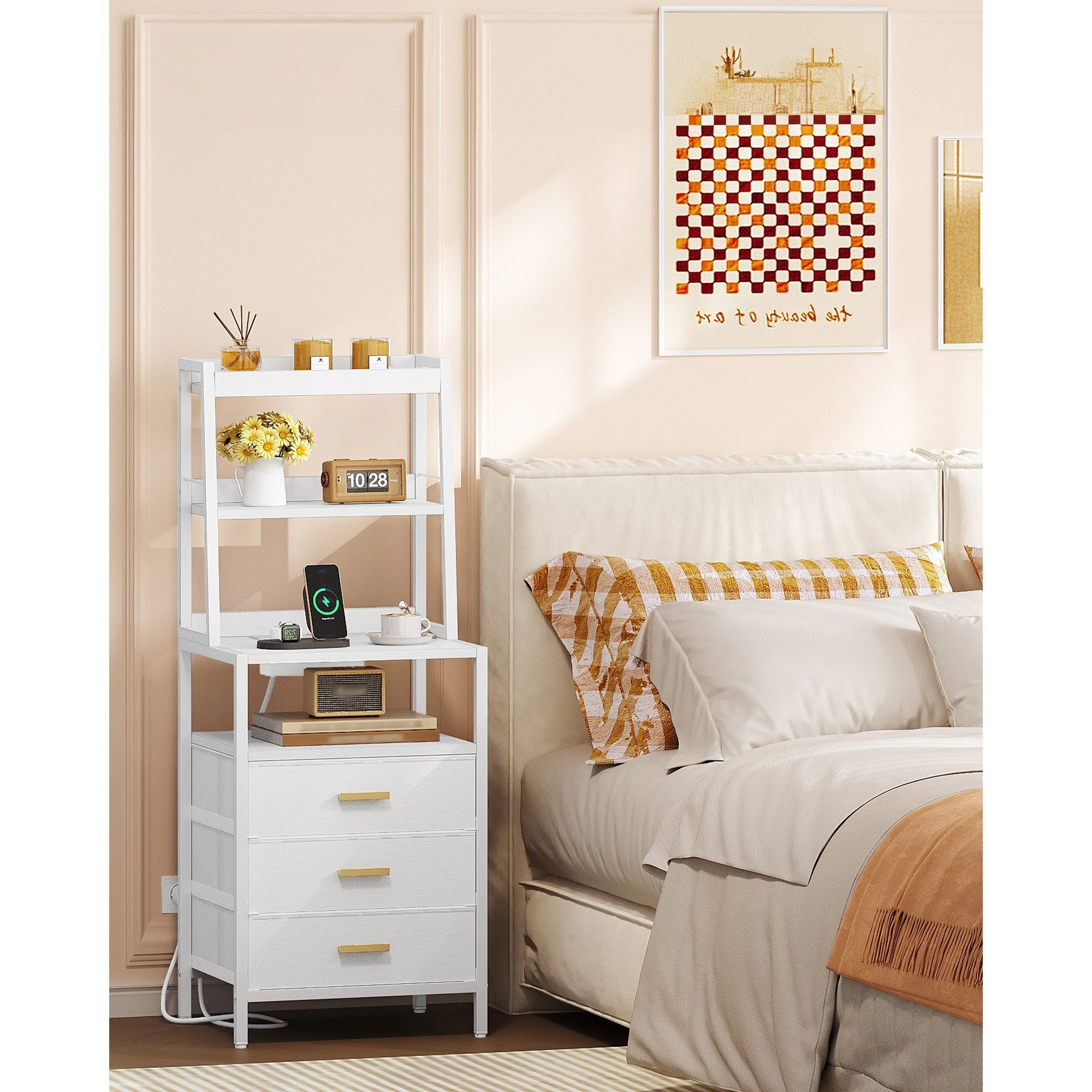 Nightstand, Nightstand With Loading Function And Storage Compartment Metal, Outlets And 2 Usb Ports, Side Table With 3 Drawers, Modern, For Bedroom, Living Room, White