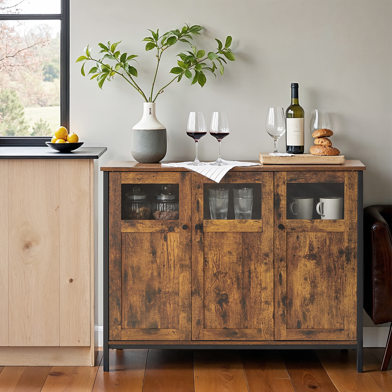 E-shop Aufbewahrungsschrank,Sideboard, Küchenschrank, 35,1 x 100,1 x 75,1 cm, mit Glastüren, für Wohnzimmer, Küche, Esszimmer, Stahlrahmen,