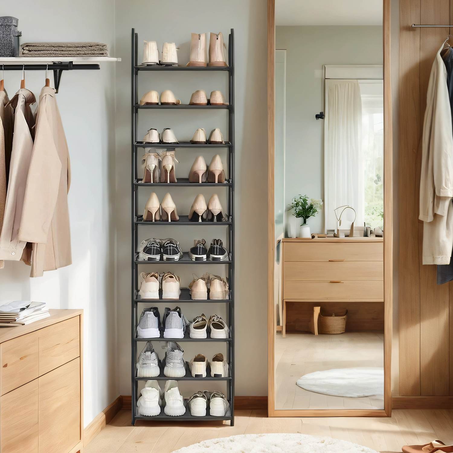 Image of 28 X 45 X 173 Cm Shoe Rack For Hallway, Bedroom, 10 Levels, Narrow, Shoe Storage And Shoe Storage, Metal Frame, Shelves Made Of Fleece Fabric.