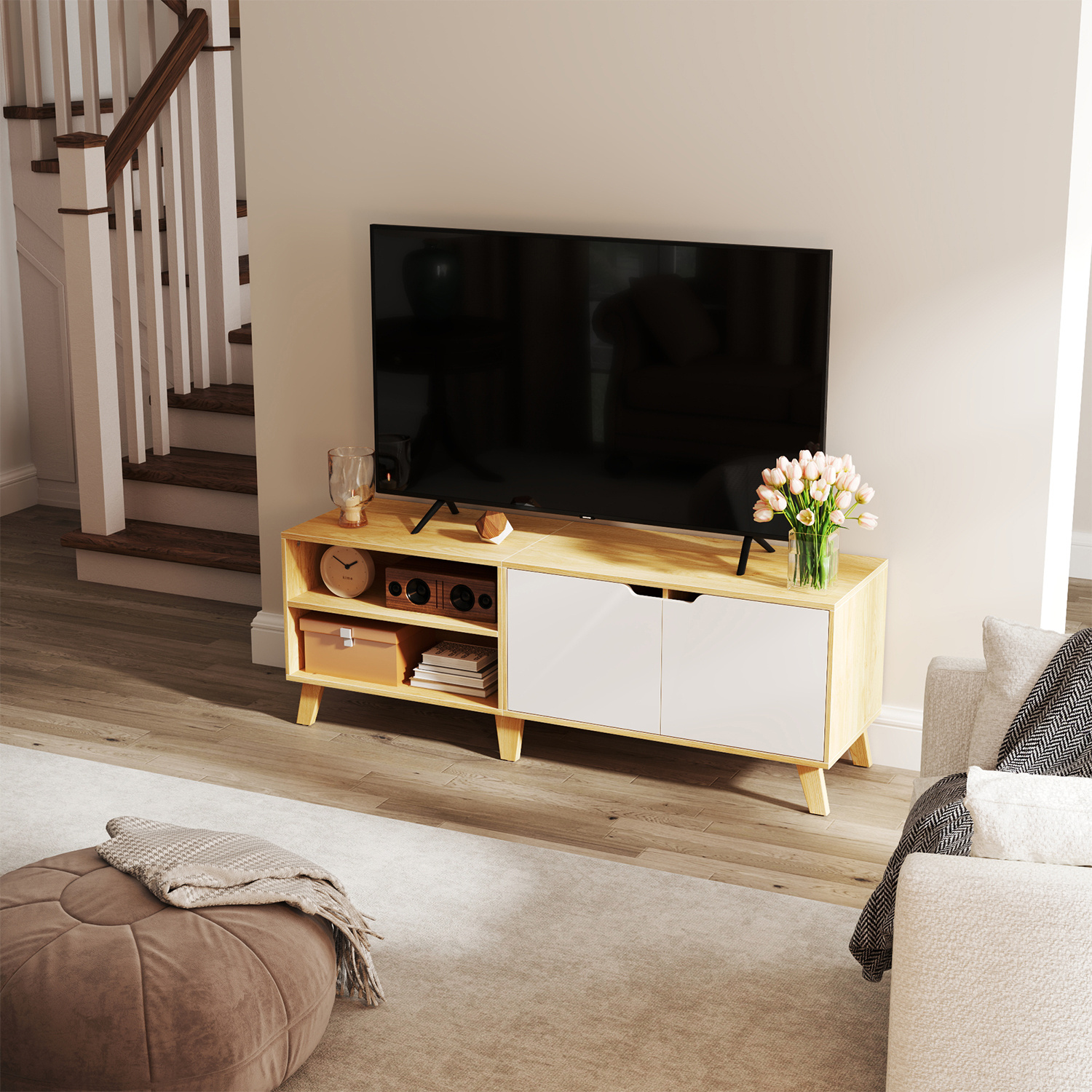 Image of Tv Cabinet, Tv Table With 2 Doors, 140 Cm Long, Tv Stand For Tvs Up To 60 Inches, Adjustable Shelves