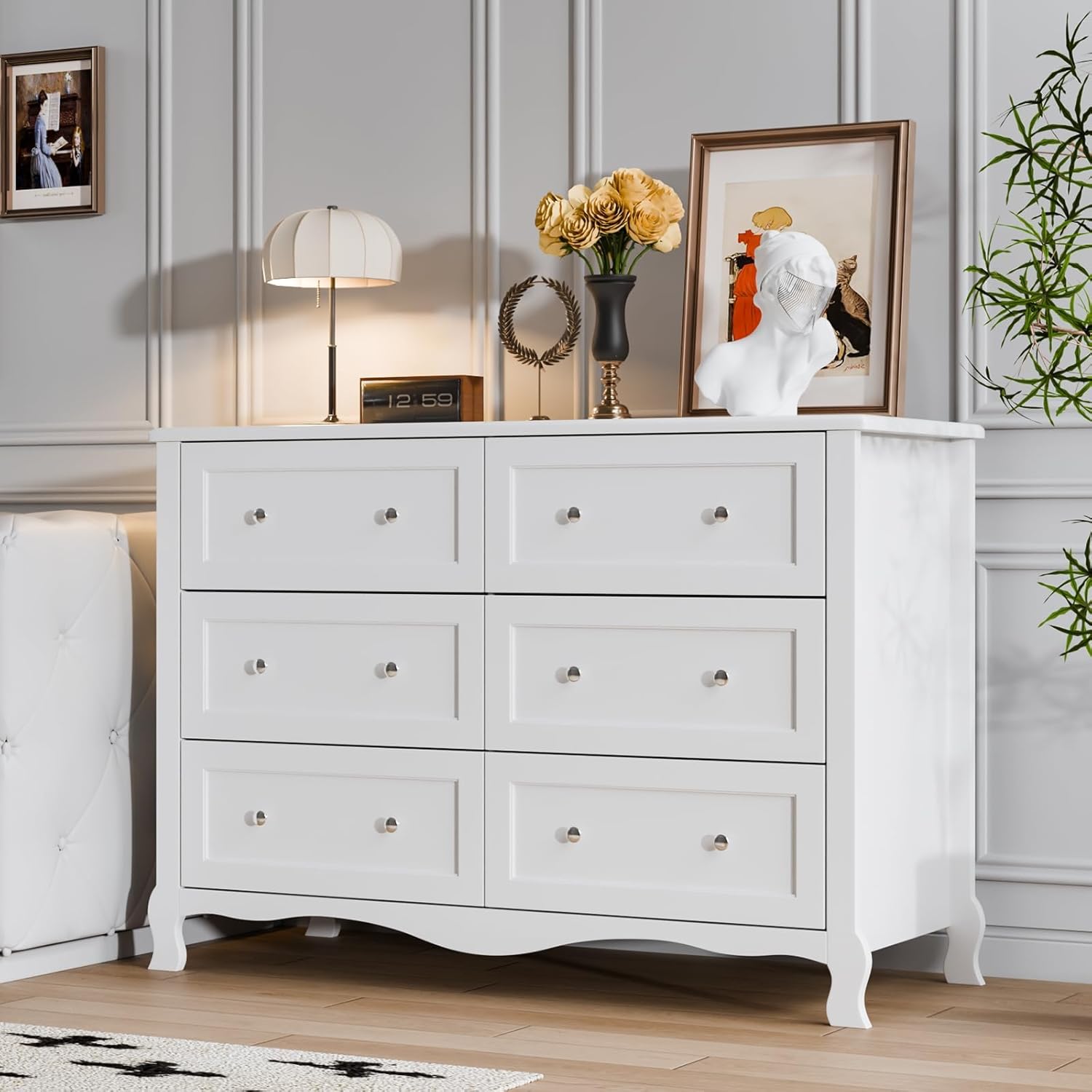 Image of Wide 6-drawer Dresser, Spacious Storage Chest For Bedroom & Living Room, Modern White Cabinet With 6 Drawers, Hallway Organizer, 120 X 40 X 84 Cm