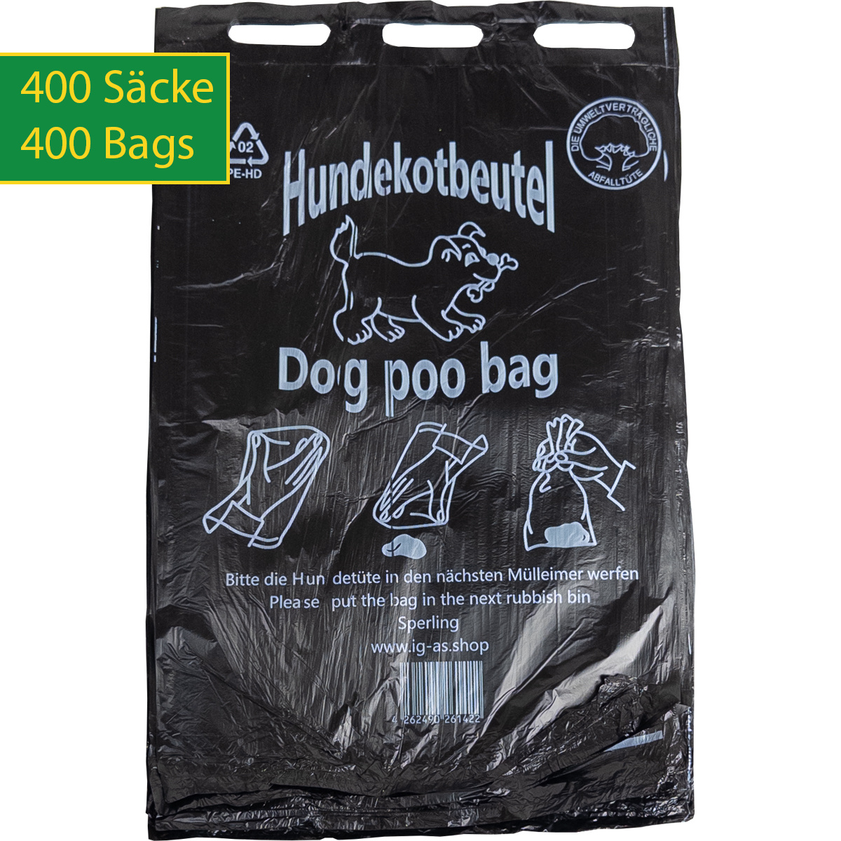 E-shop 400 Stück - Hundekotbeutel Dog Poo Bags in Schwarz mit Druck in Weiß - geblockt zu je 100 Stück - abreissbar - Stärke ca. 10µm - 20 x 32 cm + 3