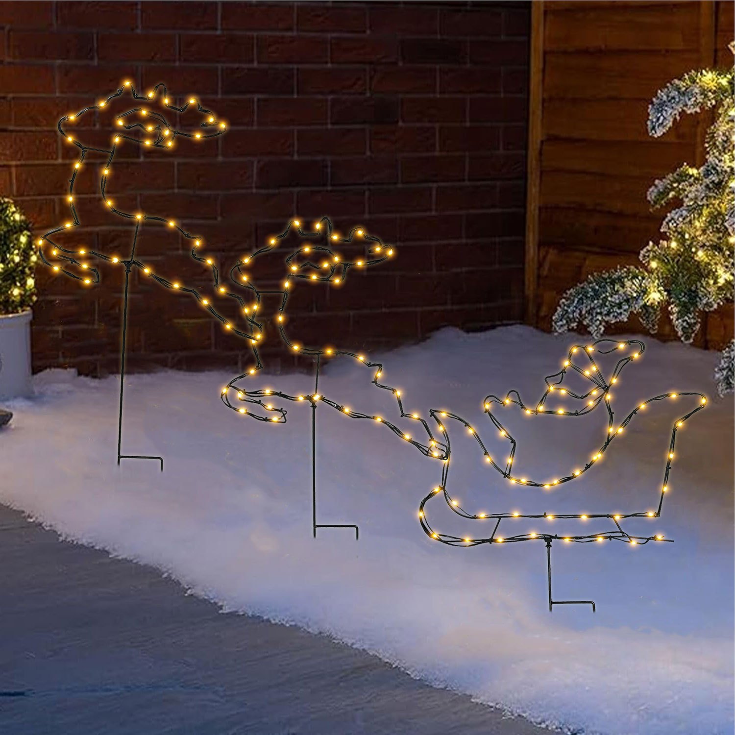TEMU Set Of 3 Christmas Pathway Lights Reindeer & Sleigh Lights, 150 Led Pathway Stake Decorations, 8 Lighting , Battery Powered With Timer, Indoor