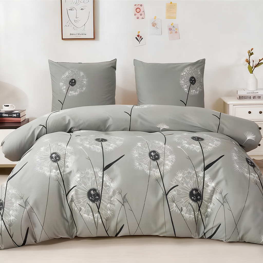 Image of 【dandelion 3-piece Set】1 Duvet Cover + 2 Pillowcases, Light Gray Dandelion Print, Minimalist Style Home Bedding