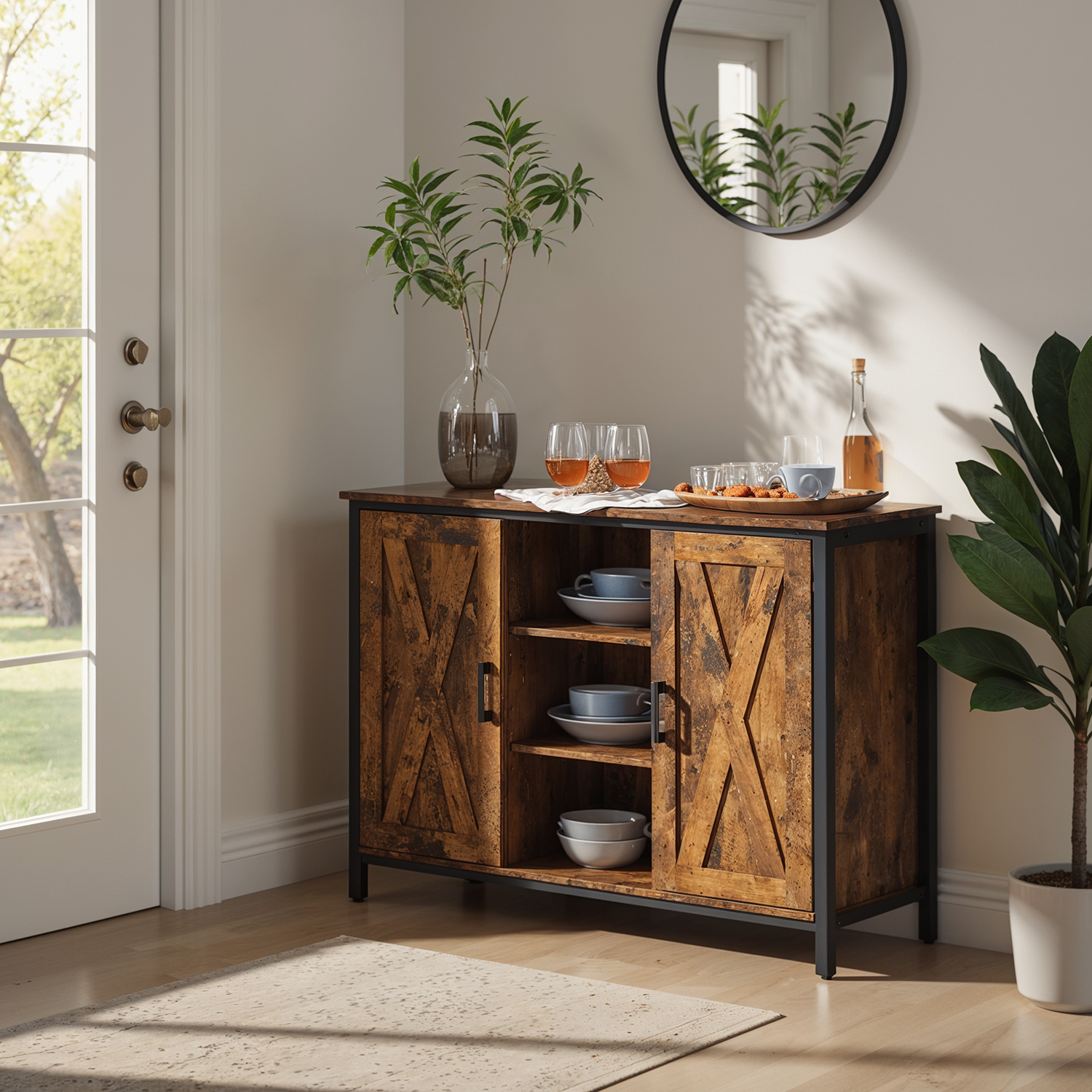 Sideboard With Open Compartments, Side Cabinet, Kitchen Cabinet, Hallway Cabinet With Doors, For Living Room, Dining Room, Brown-black