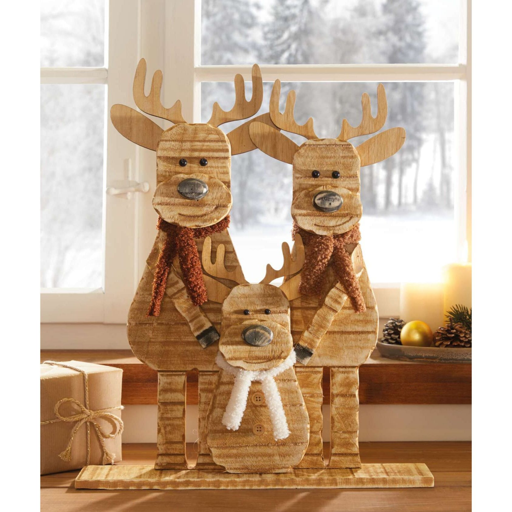 Image of Christmas Decoration "reindeer Family" Made From Recycled Wood, 43 Cm Tall, Indoor Decorative Figure, Wooden Ornament