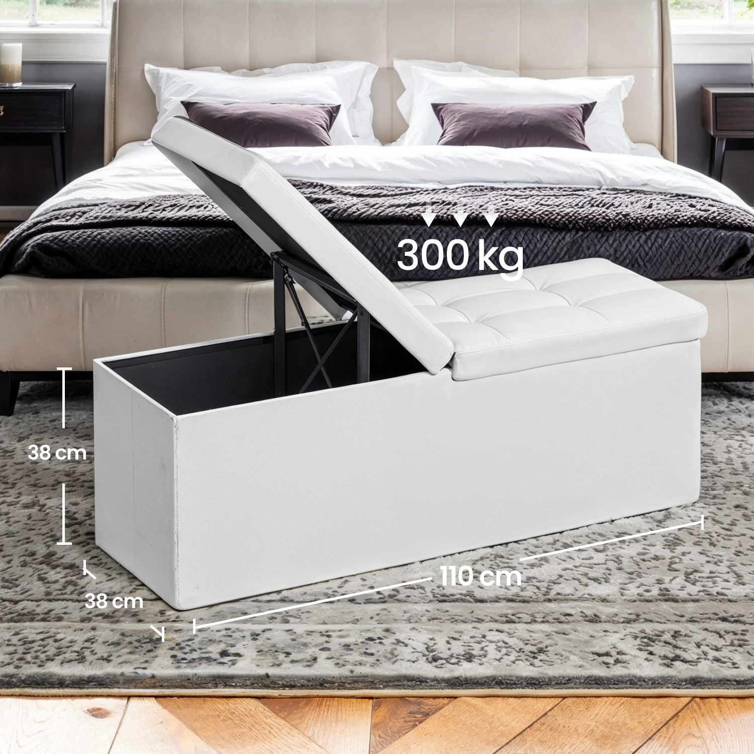 Image of Storage Bench, Foldable Storage Ottoman, Storage Chest, Footstool, 38 X 110 X 38 Cm, For Hallway, Living Room, Bedroom, White