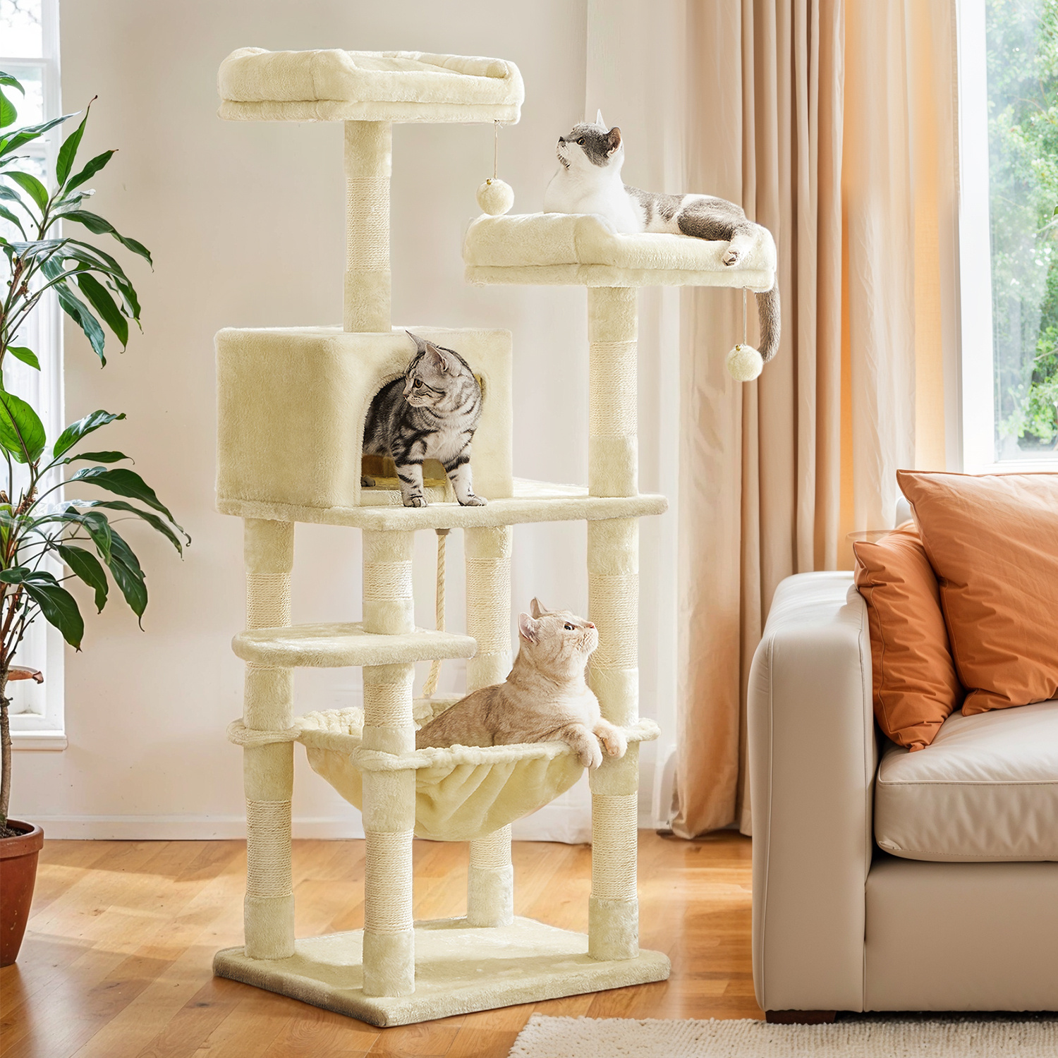 Climbing Frame, 143 Cm High, Cat Tree With 11 Scratching Posts, 2 Platforms, 1 Cat Cave, 1 Hammock, 2 Plush Balls, Plush, Multi-level Design, Beige.