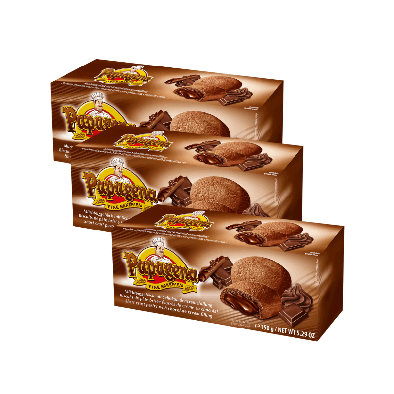 Image of Papagena Biscuits With Chocolate Cream Filling 3 X 150g | Delicate Crumbly Pastry With Creamy Chocolate – Storage Pack – Perfect With Coffee & Tea