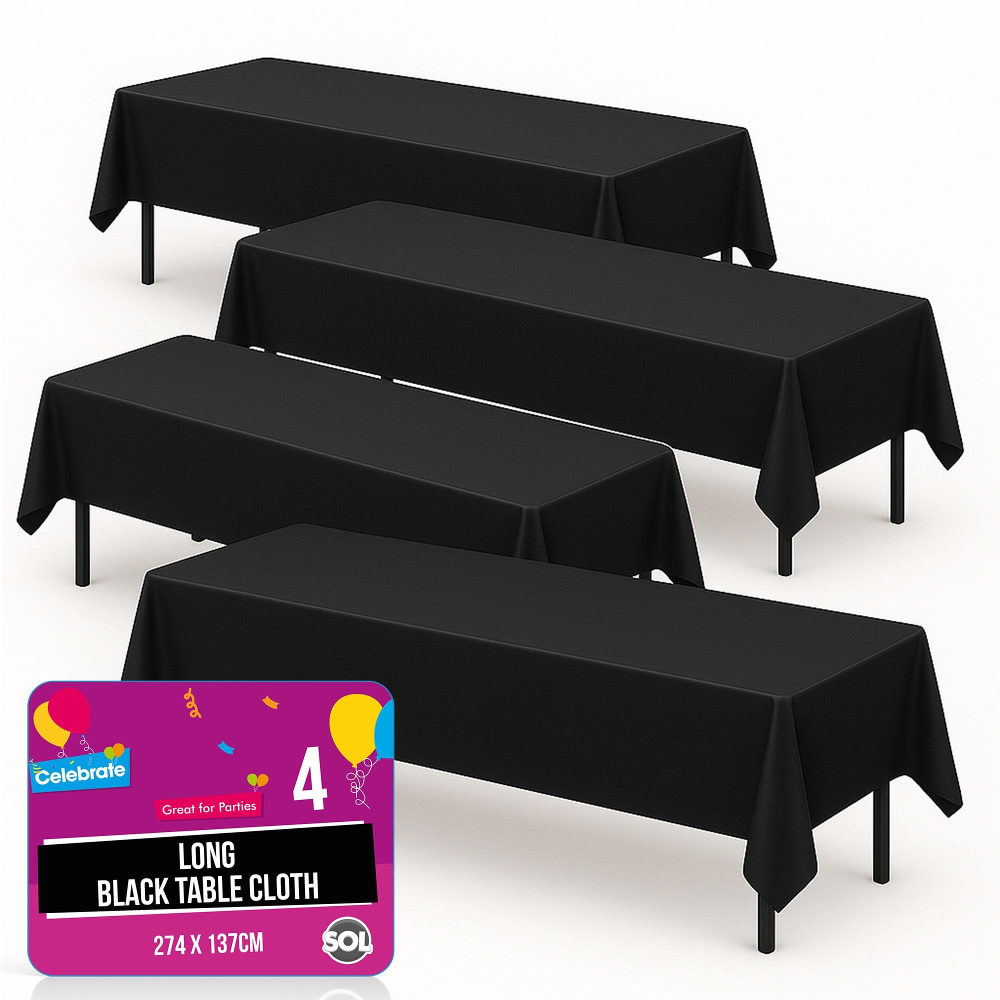 TEMU 4 Pack Black Plastic Tablecloths 274x137cm | Long Rectangular Disposable Table Covers For Parties, Weddings, Buffets & Catering | Heavy Duty