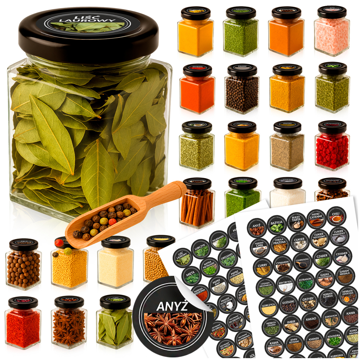 TEMU 24 Pots à Épices en Verre avec Couvercles (120 ml) + 80 Étiquettes Autocollantes avec d'Épices en Polonais + Cuillère en Bois - Contenants de