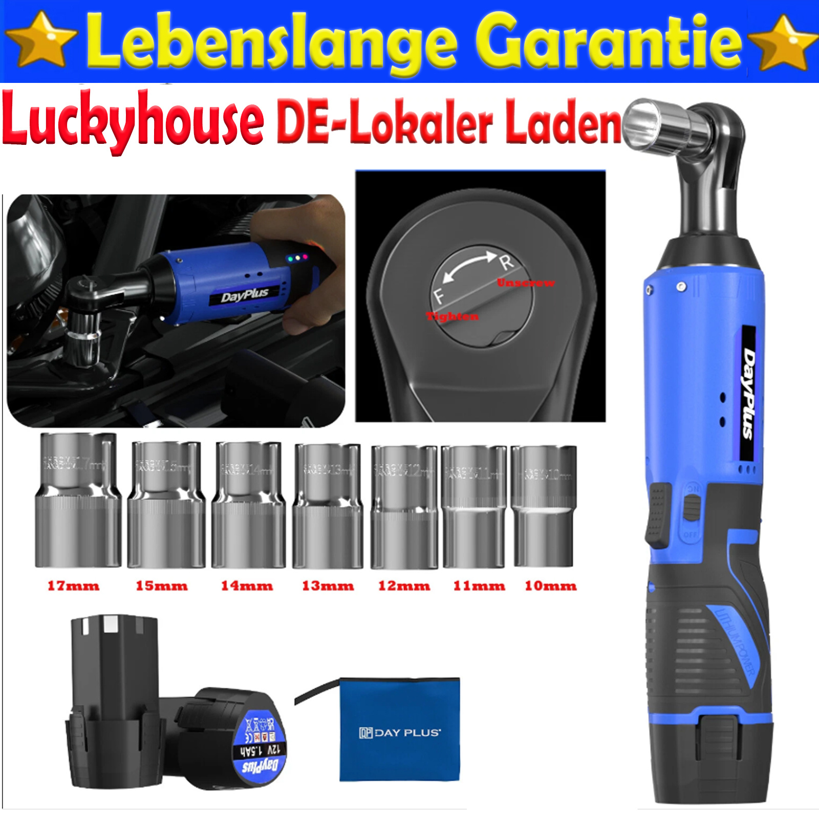 E-shop DayPlus 100N.M kabelloser Ratsche-Schlüsselsatz, 3/8" 300 U/min 12V Elektro-Ratsche mit 7 Stecknüssen, zwei 1500 mAh Li-Ion-Akkus,