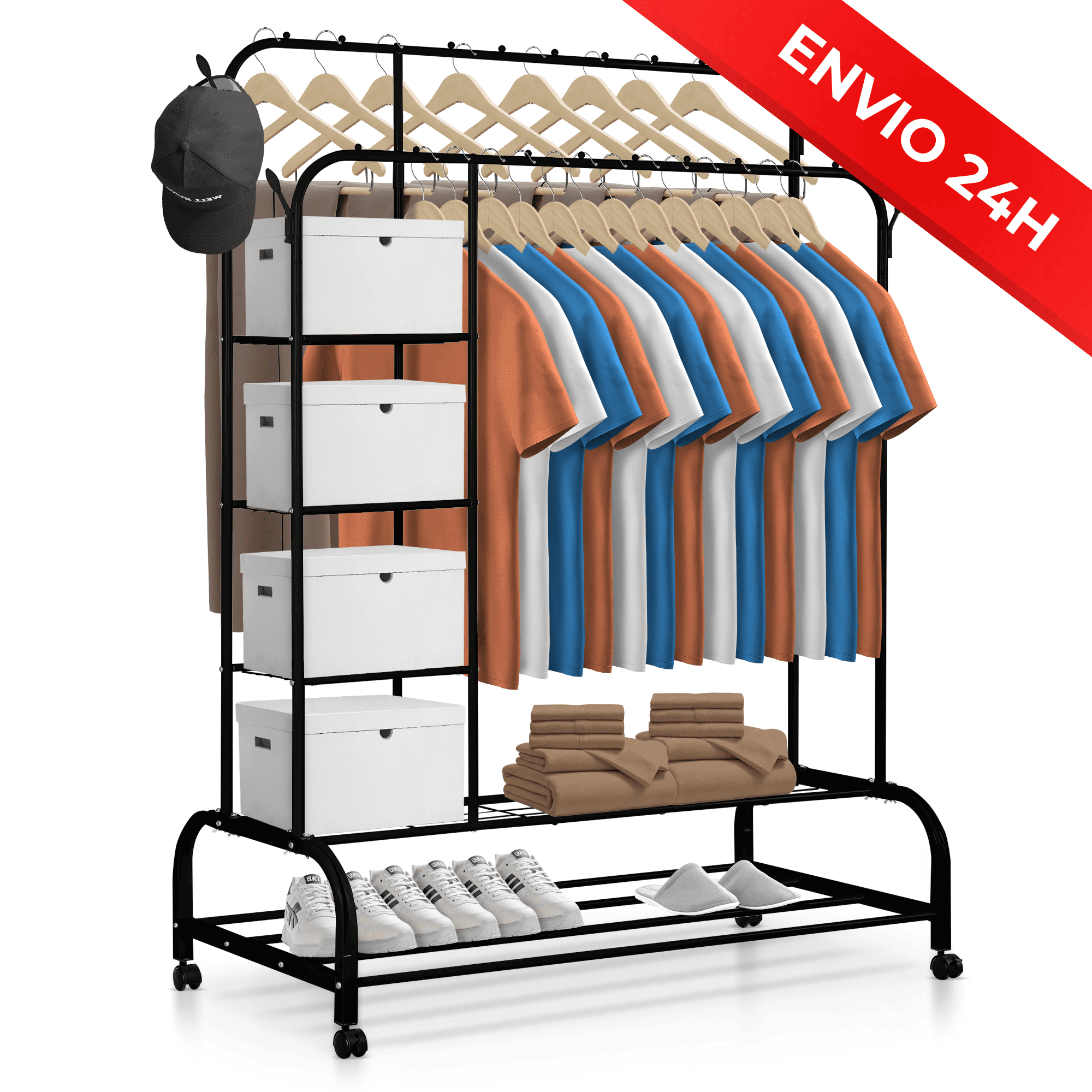 Image of Donkey Durable Clothes Rack | Double Donkey Coat Rack With Stand, 146x110x54cm, Metallic, Clothing Organizer With Shoe Rack, Hanger For Wardrobe And Bedroom