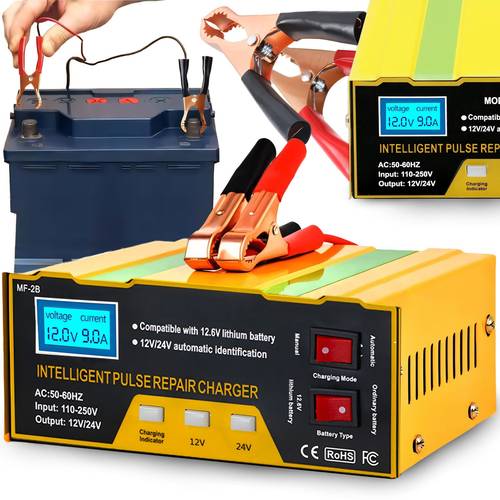 ładowarka do akumulatorów 12v 24v z funkcją repair inteligentne urządzenie z wyświetlaczem led automatyczne i ręczne sterowanie do samochodów motocykli quadów maszyn rolniczych obsługa akumulatorów agm gel kwasowo ołowiowych i litowych zabezpieczenia przed zwarciem przegrzaniem odwrotną polaryzacją wbudowany wentylator chłodzący kompaktowe wymiary 17.5x14.5x7cm