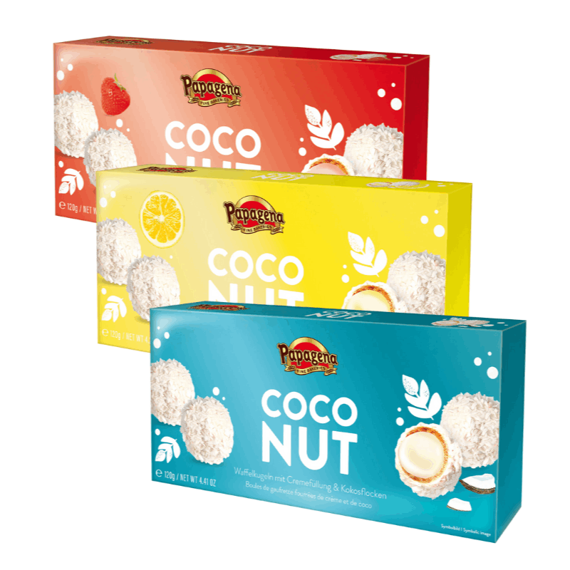 Image of Papagena Coconut Balls 3 X 120 G – Mixed Set With Coconut, Strawberry, And Lemon Cream Filling – Crispy Wafer Balls With Fine Cream & Coconut Flakes
