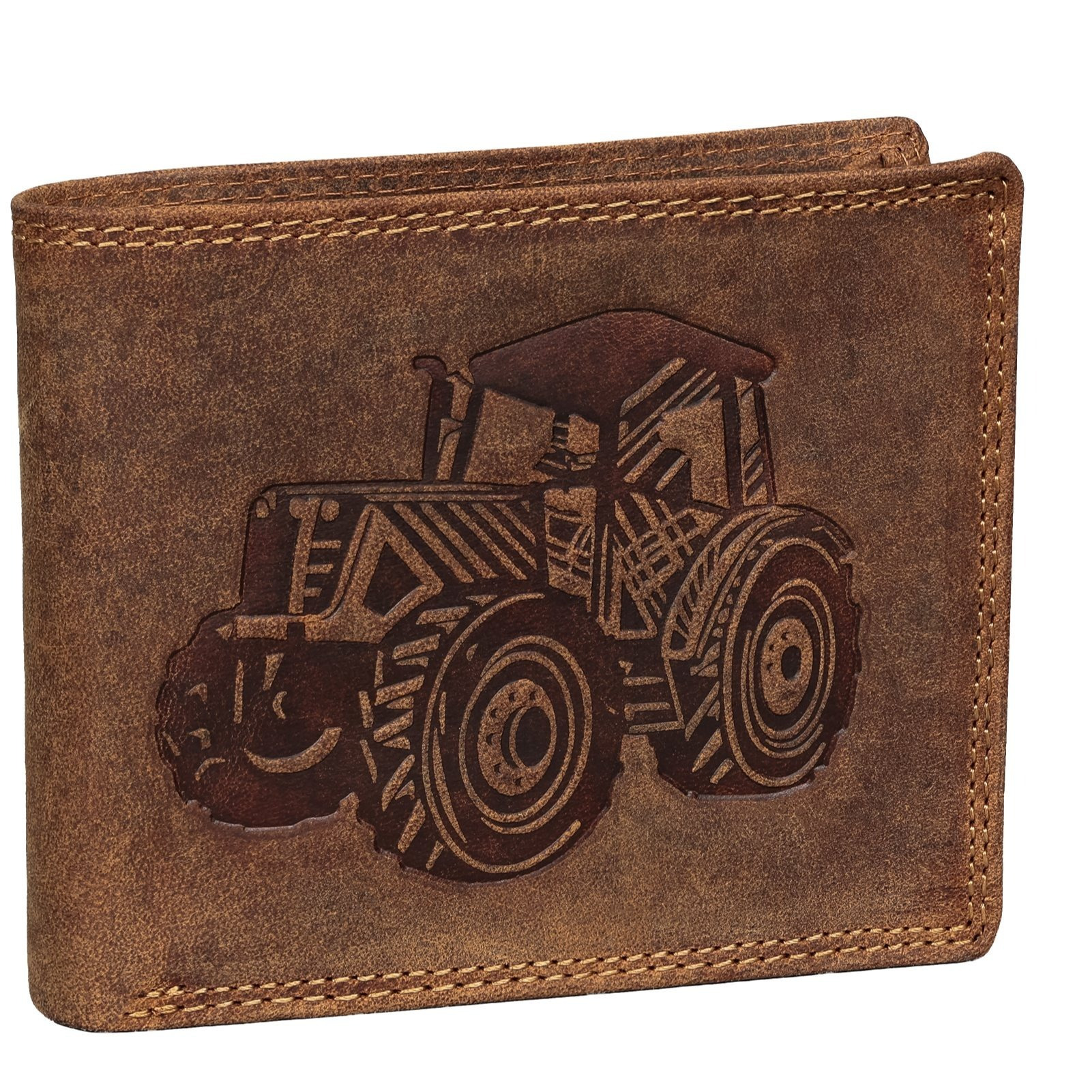 Image of Men's Rfid Buffalo Genuine Leather Wallet With Embossed Motif Tan Horizontal Format Tractor 9 Card Slots Dimensions: 9.5 X 12 X 2 Cm