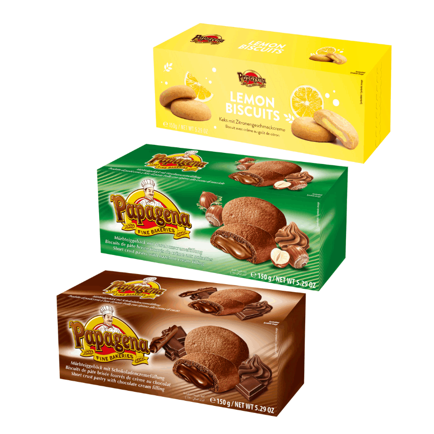 Image of Papagena Biscuit Tasting Set - 3 X 150g | Chocolate Cream Filling | Hazelnut Cream Filling | Lemon Cream Filling