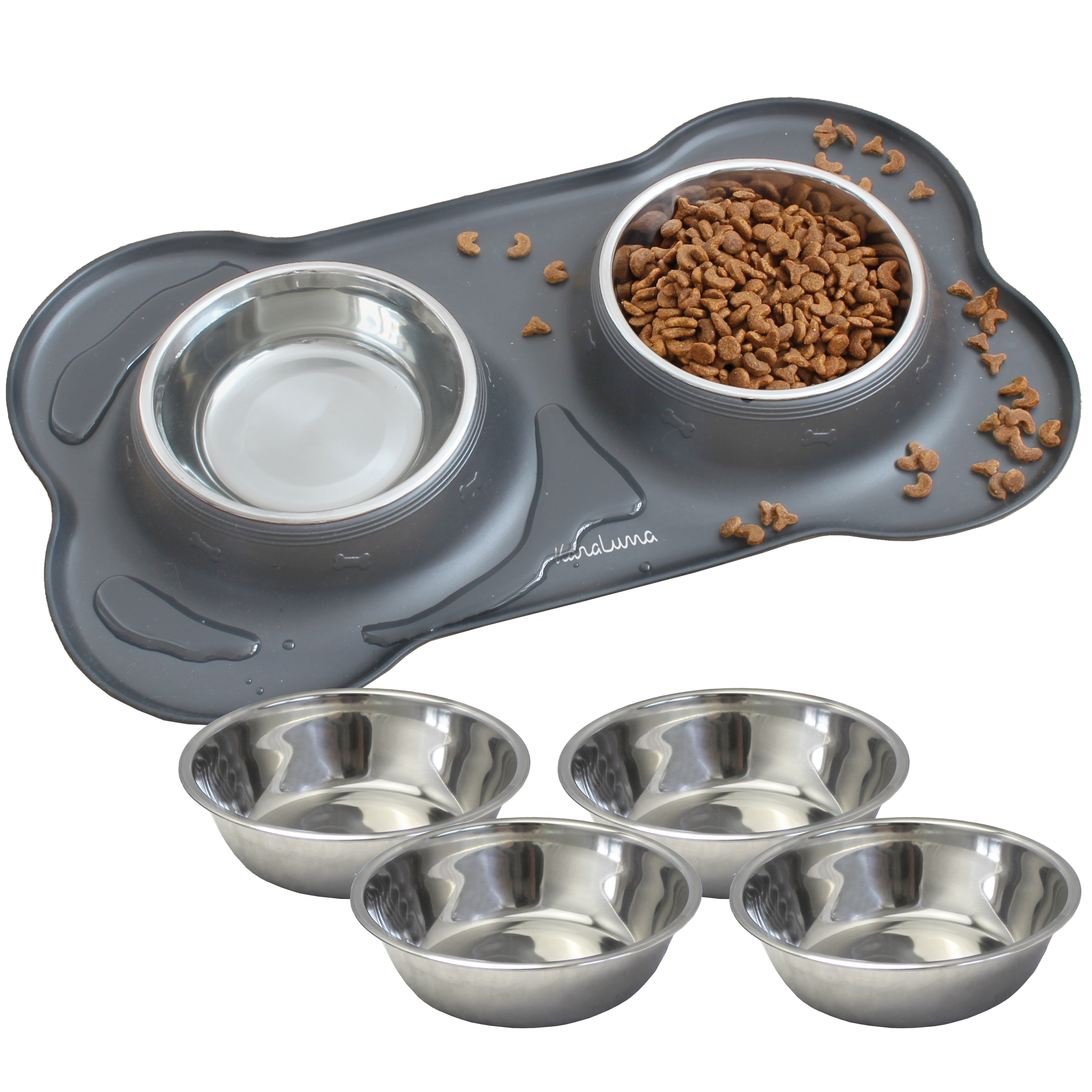 Image of Karaluna Double Bowl Set For Dogs And Cats, Silicone Feeding Bowl Set With Stainless Steel Bowls And Non-slip Mat