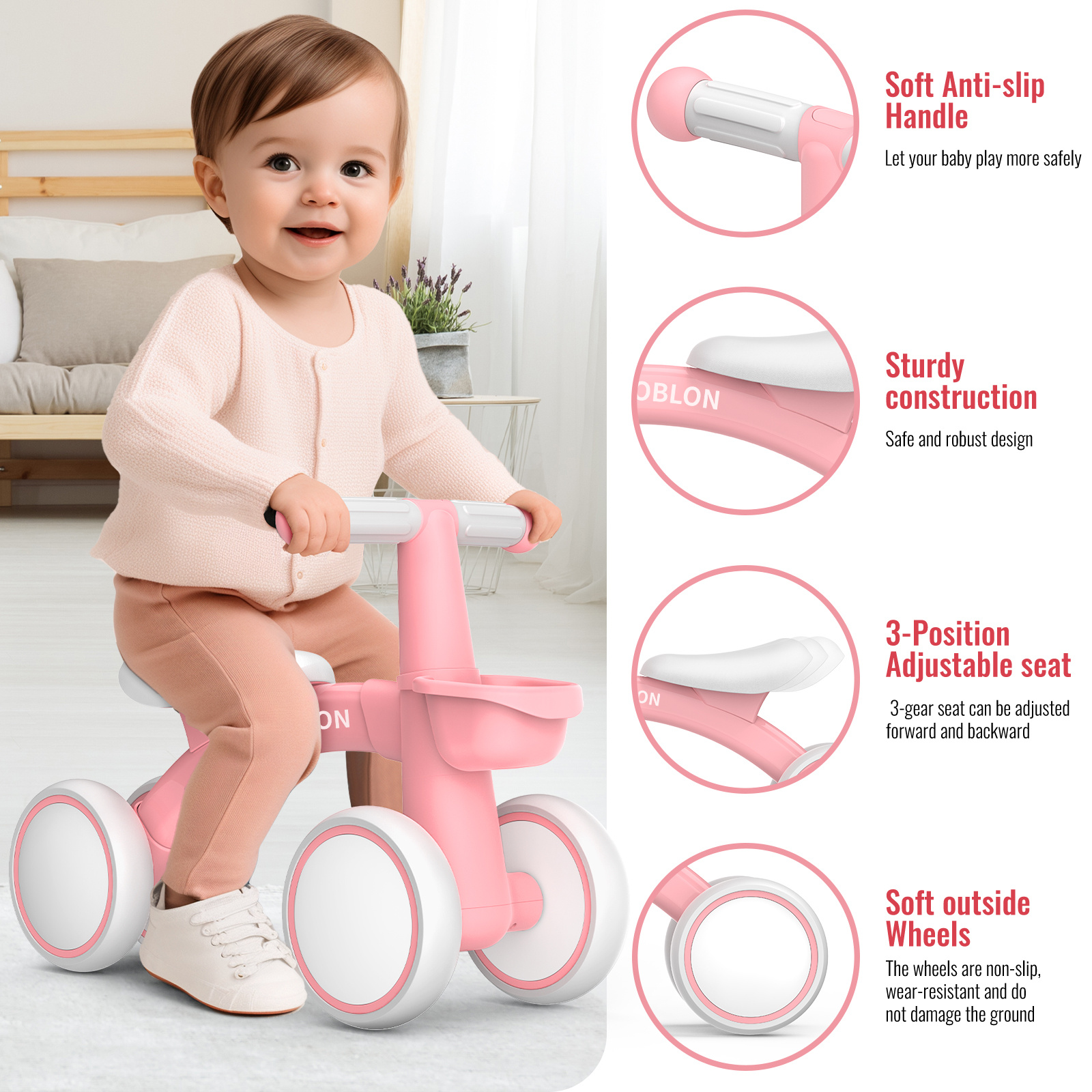 Kinderen Vierwielige Lichtgewicht Loopfiets, Baby Loopfiets met Mandje, Binnen/Buiten Baby Walker, 135° Extreme Stuurontwerp Voorkomt Zijwaarts Omvallen, Geschikt voor Jongens en Meisjes, Ideaal Verjaardagscadeau, Perfect voor Binnen/Buiten Spelen en Evenwichtstraining, Beschikbaar in Groen/Roze/Zwart/Blauw