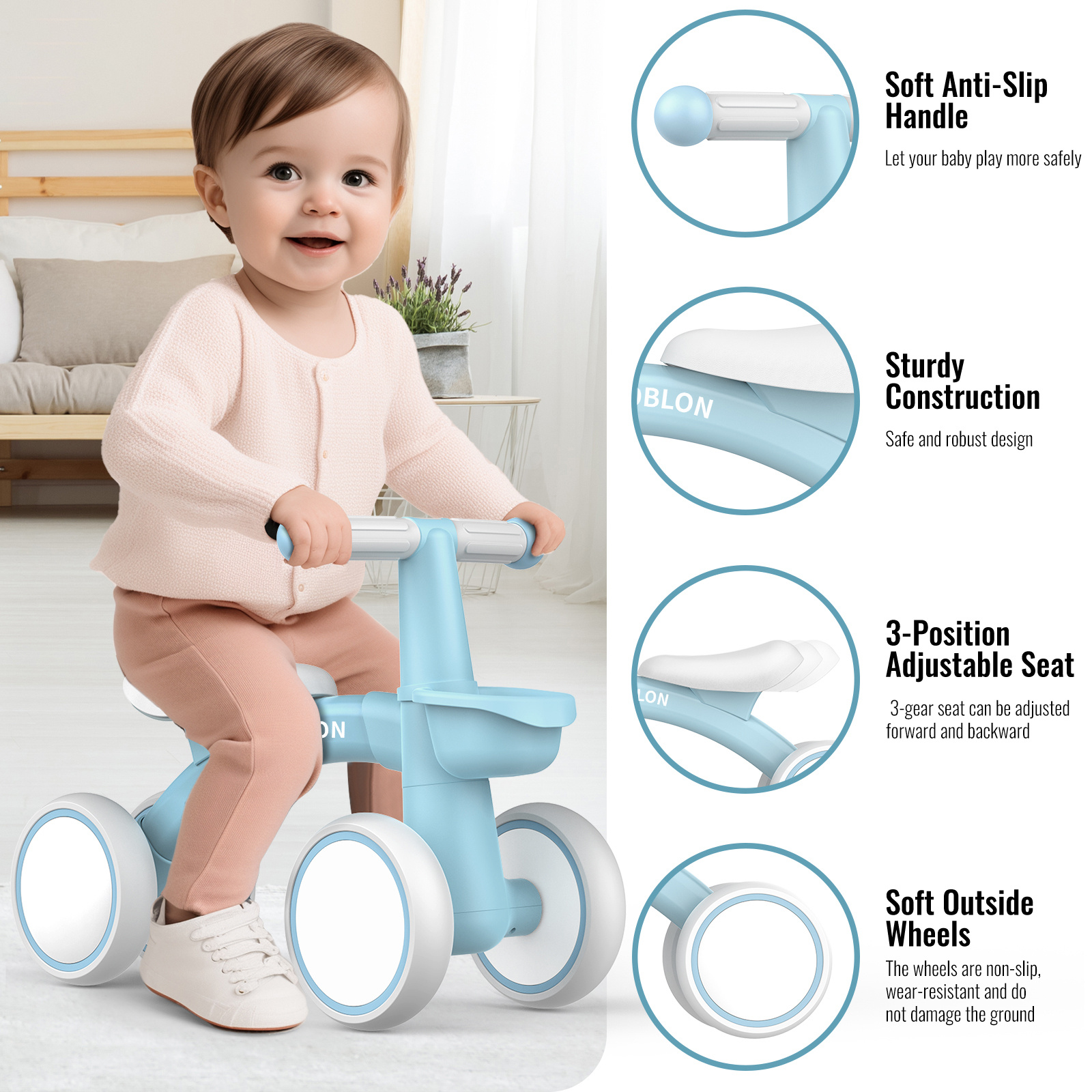 Kinderen Vierwielige Lichtgewicht Loopfiets, Baby Loopfiets met Mandje, Binnen/Buiten Baby Walker, 135° Extreme Stuurontwerp Voorkomt Zijwaarts Omvallen, Geschikt voor Jongens en Meisjes, Ideaal Verjaardagscadeau, Perfect voor Binnen/Buiten Spelen en Evenwichtstraining, Beschikbaar in Groen/Roze/Zwart/Blauw