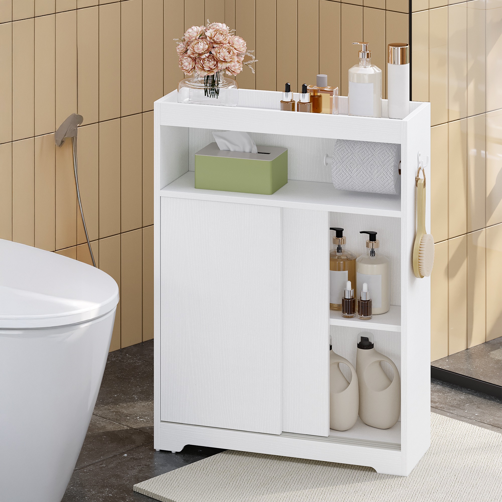 E-shop Badezimmerschrank, Nischenschrank, Platzsparende Badschrank mit Toilettenpapierhalter und Haken, Schiebetür, Verstellbares Regal, für Das