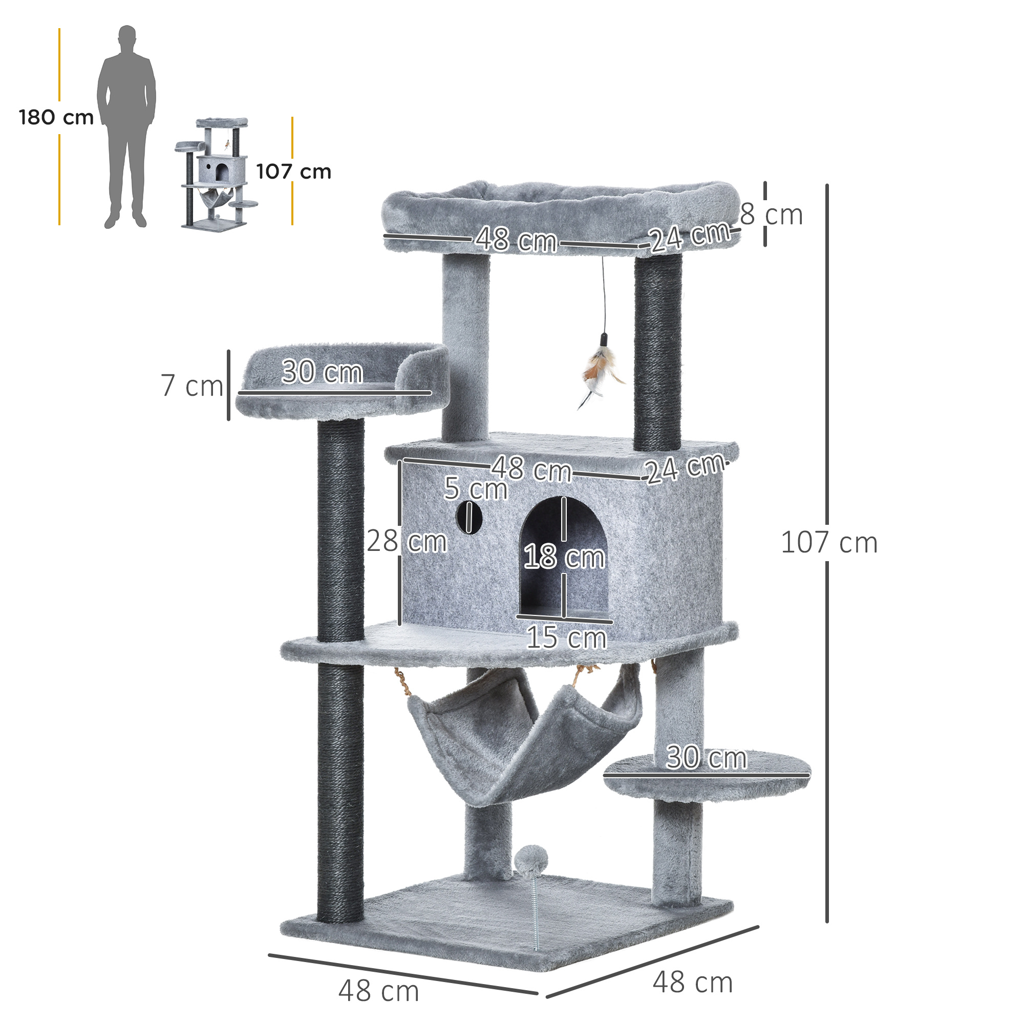 PawHut Arbore pentru Pisici cu Stâlp de Zgâriat, Casă, Pat, 4 Platforme, Hamac și 2 Jucării, Turn pentru Pisici din PAL, Pluș, Sisal și Felt, 48x48x107 cm, Gri
