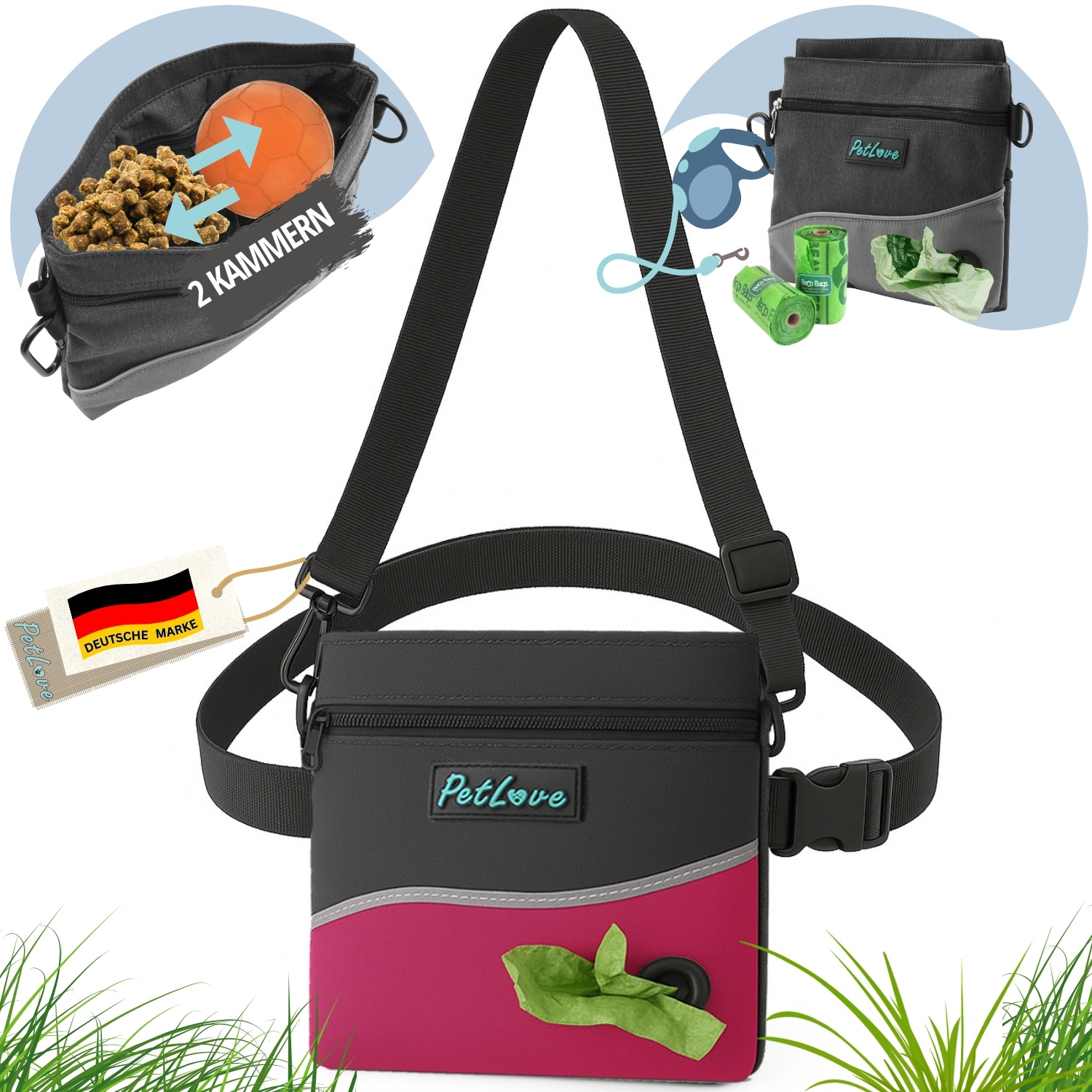 Image of Treat Bag L - Snack Bag For Dogs With Magnetic Closure & Poop Bag Dispenser | Food Bag For Dog Training & | Or -body Bag With 2 Compartments & Extra Zipper Pocket | 3 Colors: Pink, Gray, Turquoise