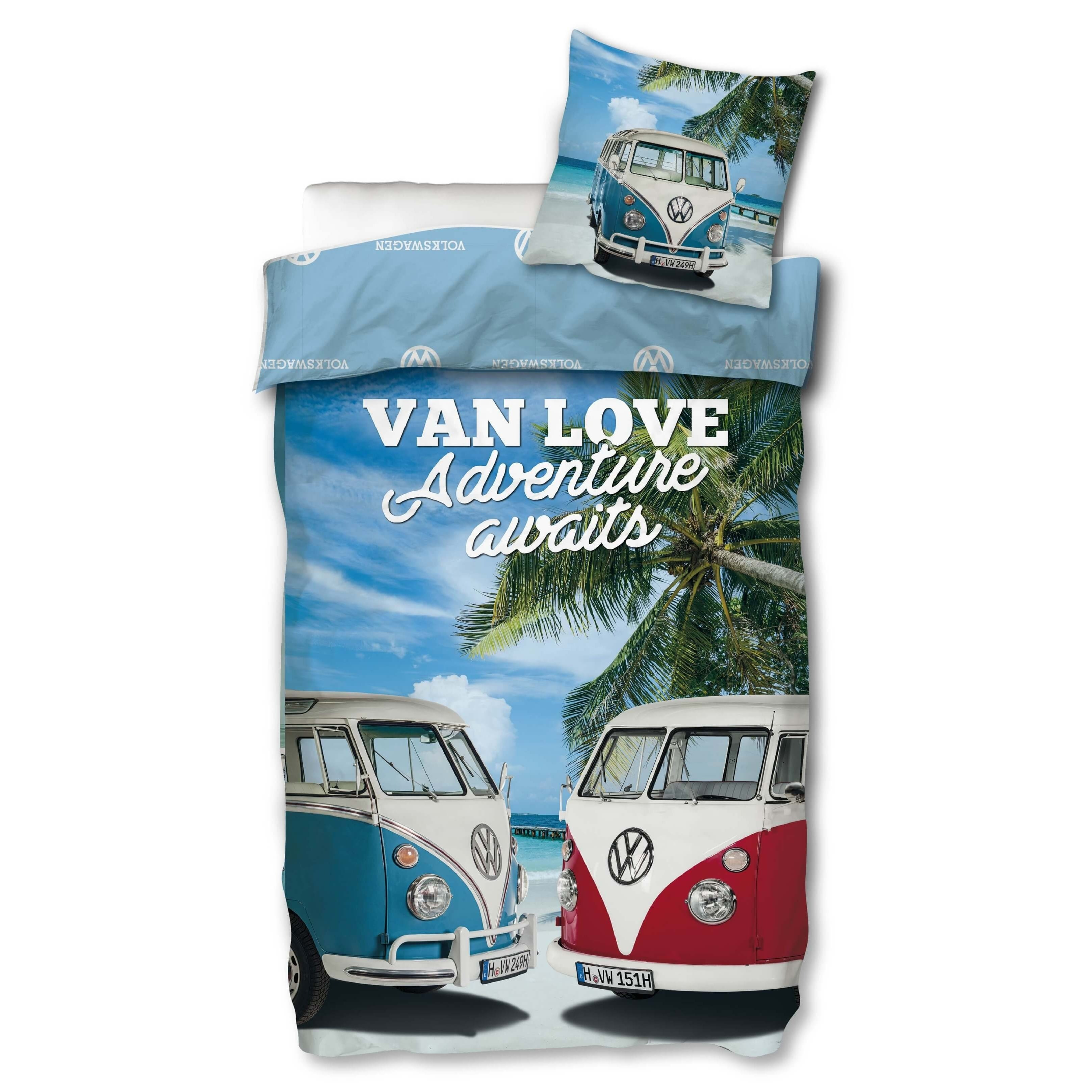 Image of Vw Bulli Reversible Bedding Set - Duvet Cover 135x200, Pillowcase 80x80, German Size, 100% Cotton, Bus Van T1 Love, Beach Palms, Bedding