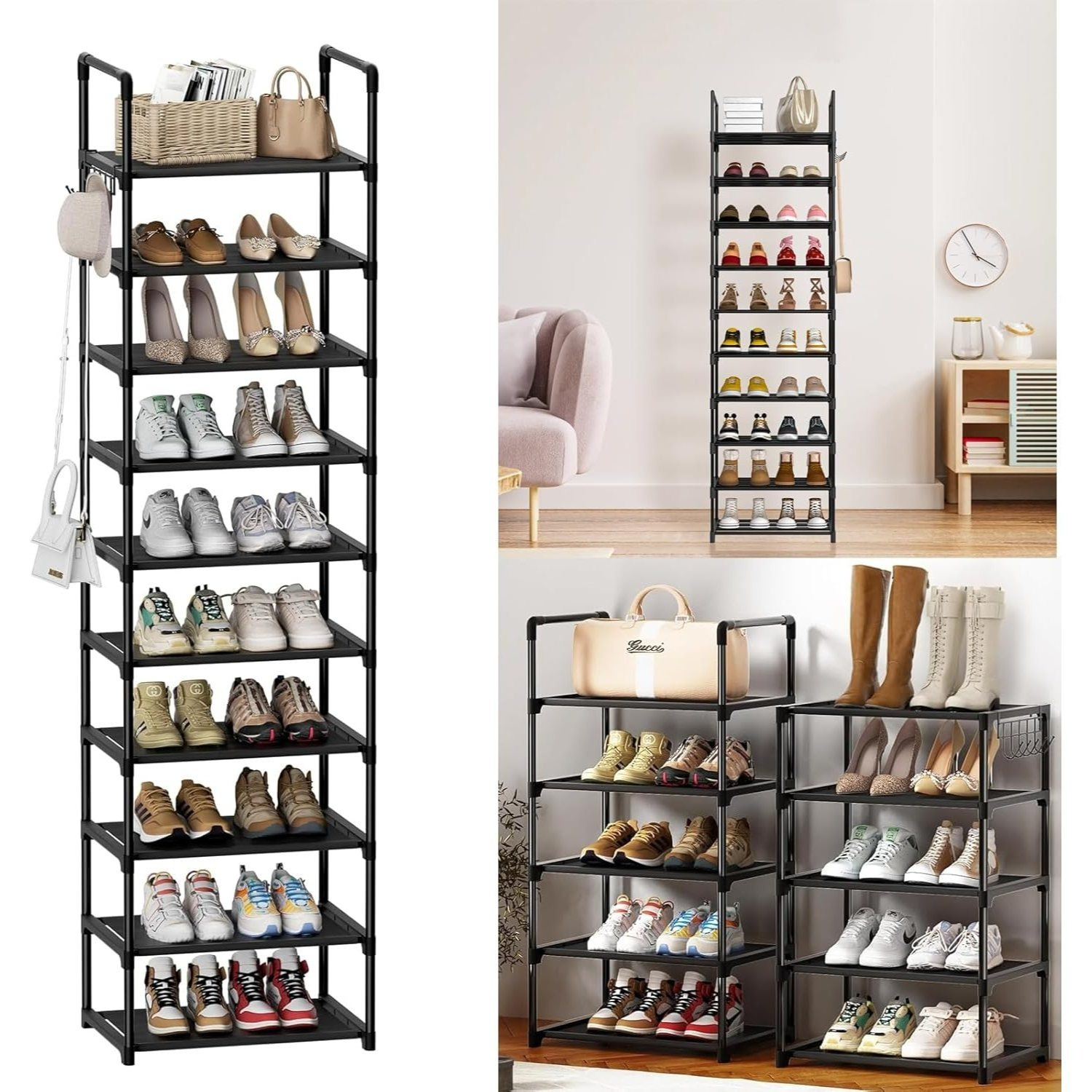 E-shop 10-stufiger Schuhregal Schmaler Schuhregal mit Haken, Einfache Montage, Platzsparend, 40 x 30 x 175 cm, Aufbewahrungsorganizer für Schlafzimmer,