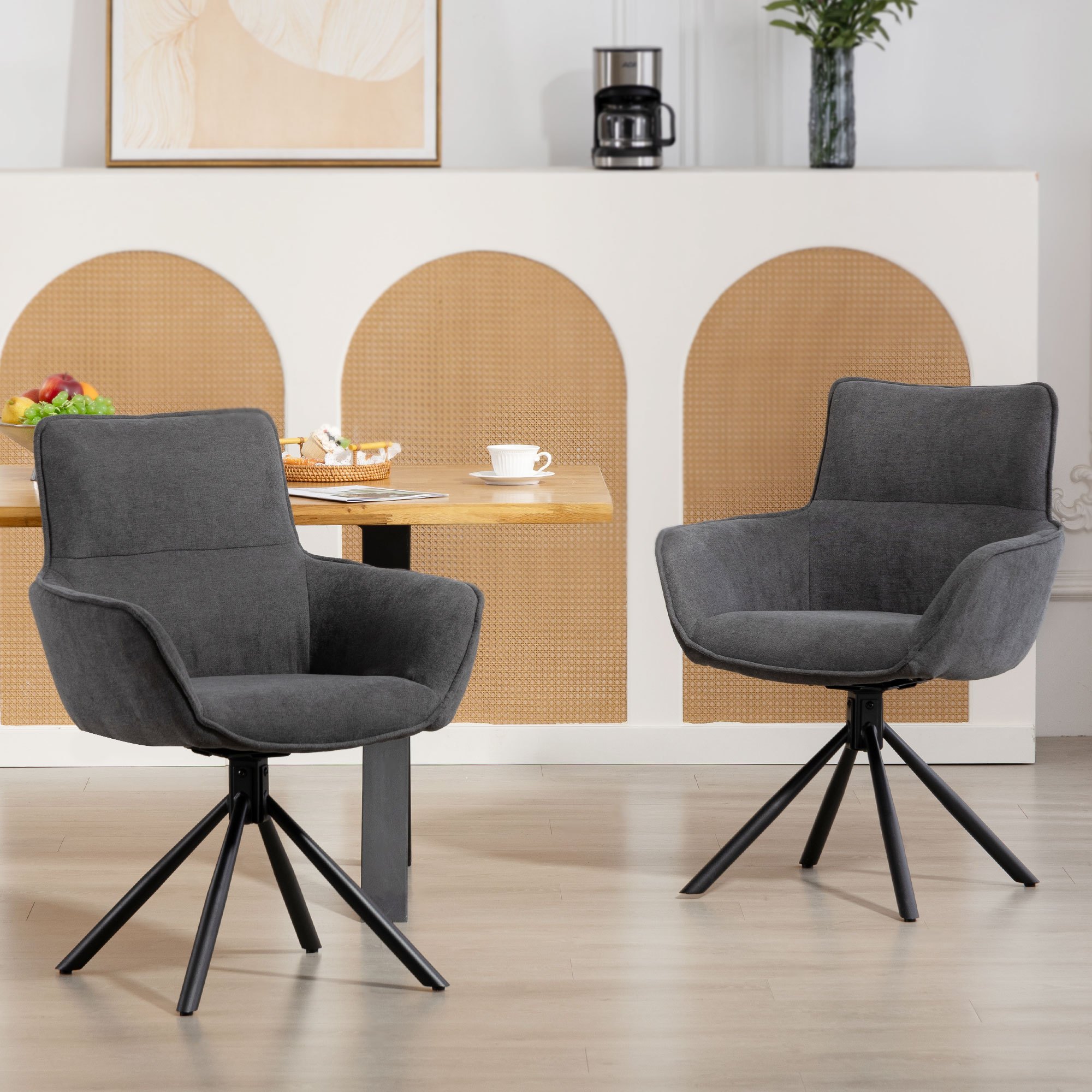 Image of 2-piece Dining Chair Set, Swivel Kitchen Chair With Velvet Finish, Armchair With Armrests, Metal Legs, Lounge Chair, Upholstered Chair For Dining Room Or Living Room, Dark Gray