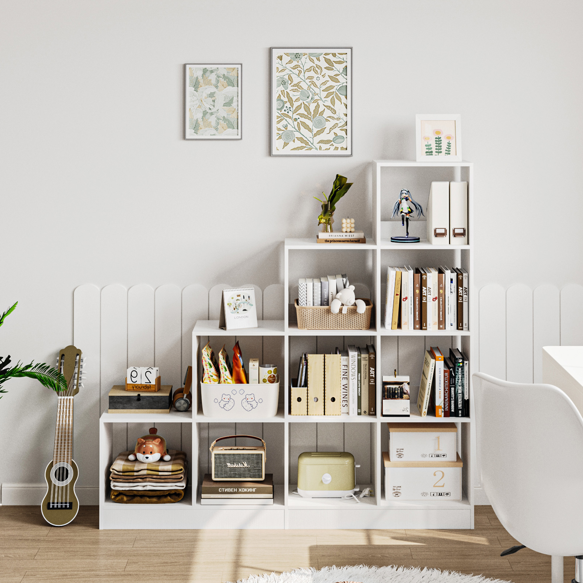 Bookshelf With 10 Cubes, Open Compartments, 4-tiered Shelf, Adjustable Panels, Cabinet, Cube Shelf, Step Shelf, Display Organizer For Living Room, Office, Bedroom, White.