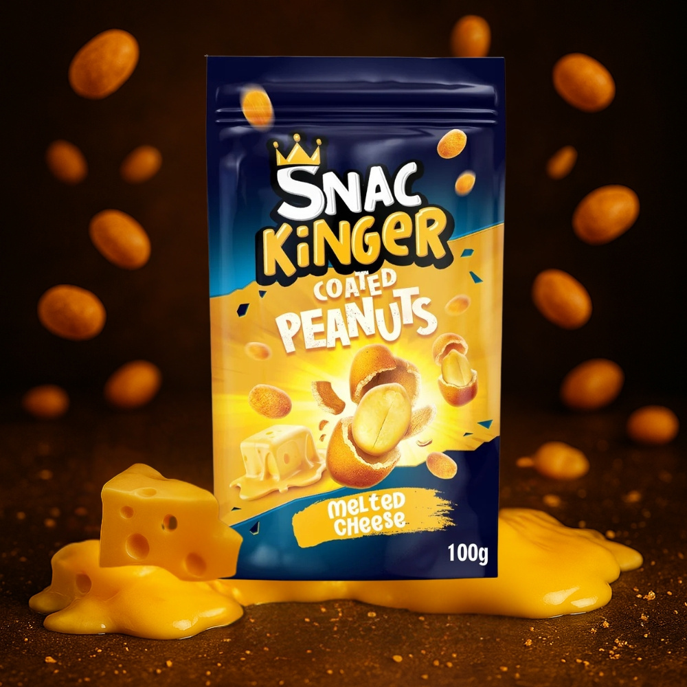 E-shop SnacKinger COATED PEANUTS MELTED CHEESE – knackige Erdnüsse im knusprigen Mantel mit intensivem Käsegeschmack – würziger Snack für zwischendurch
