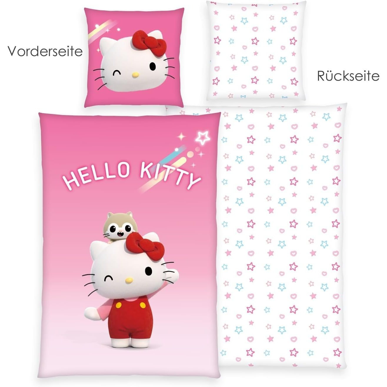 Image of Hello Kitty Reversible Bedding Set, Duvet Cover 135x200, Pillowcase 80x80, German Size Single Bed, 100% Cotton, Kids' Bedding, Cartoon Cat Bedding Set For Girls