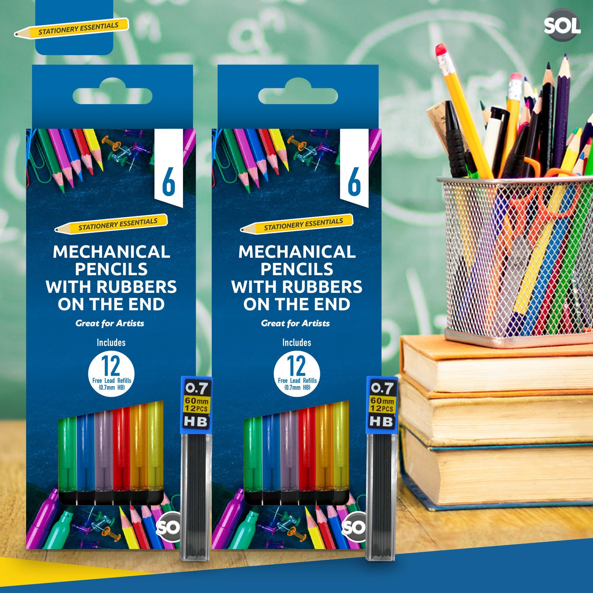 SOL 12 Pack Refillable Mechanical Pencils with Built-In Erasers, 0.7mm HB