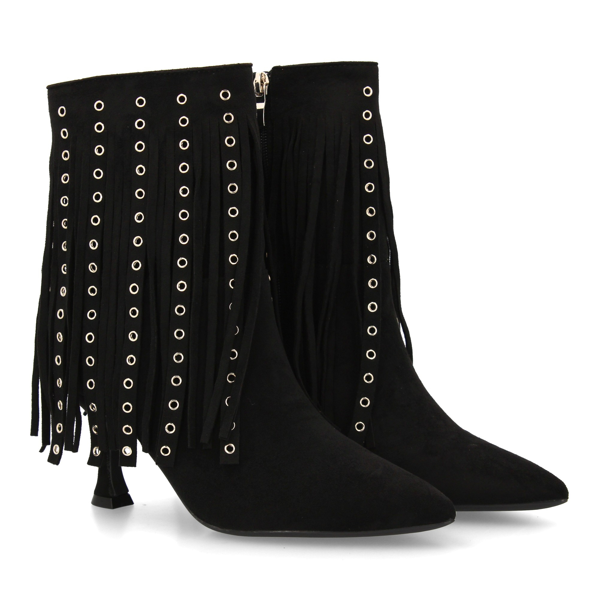 Women's Boot With Cane Design With Long Fringes And Metal Eyelets. Pointed And Fine Heel Finish. Lateral Zipper Closure Ideal For Autumn-winter Season.