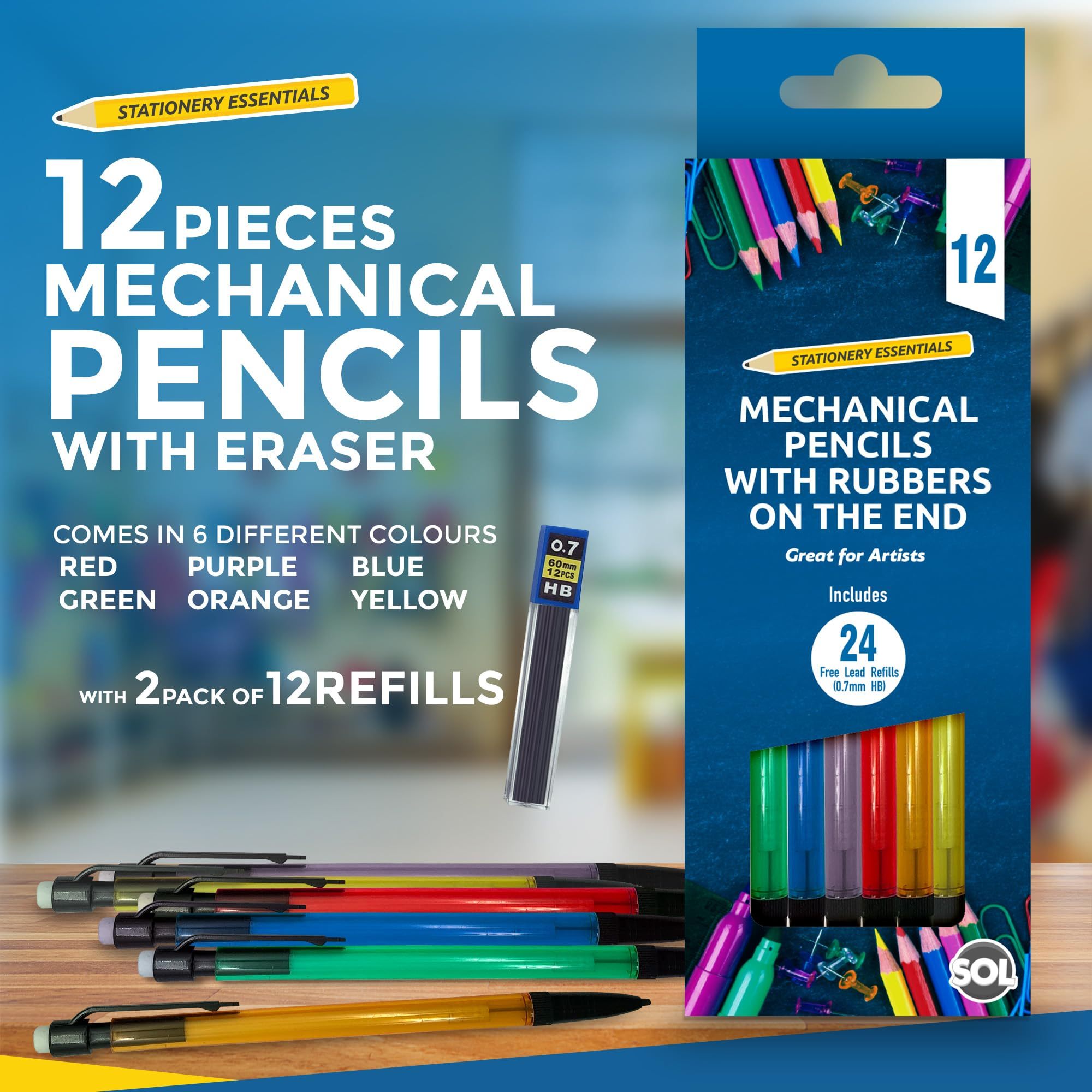 SOL 12 Pack Refillable Mechanical Pencils with Built-In Erasers, 0.7mm HB