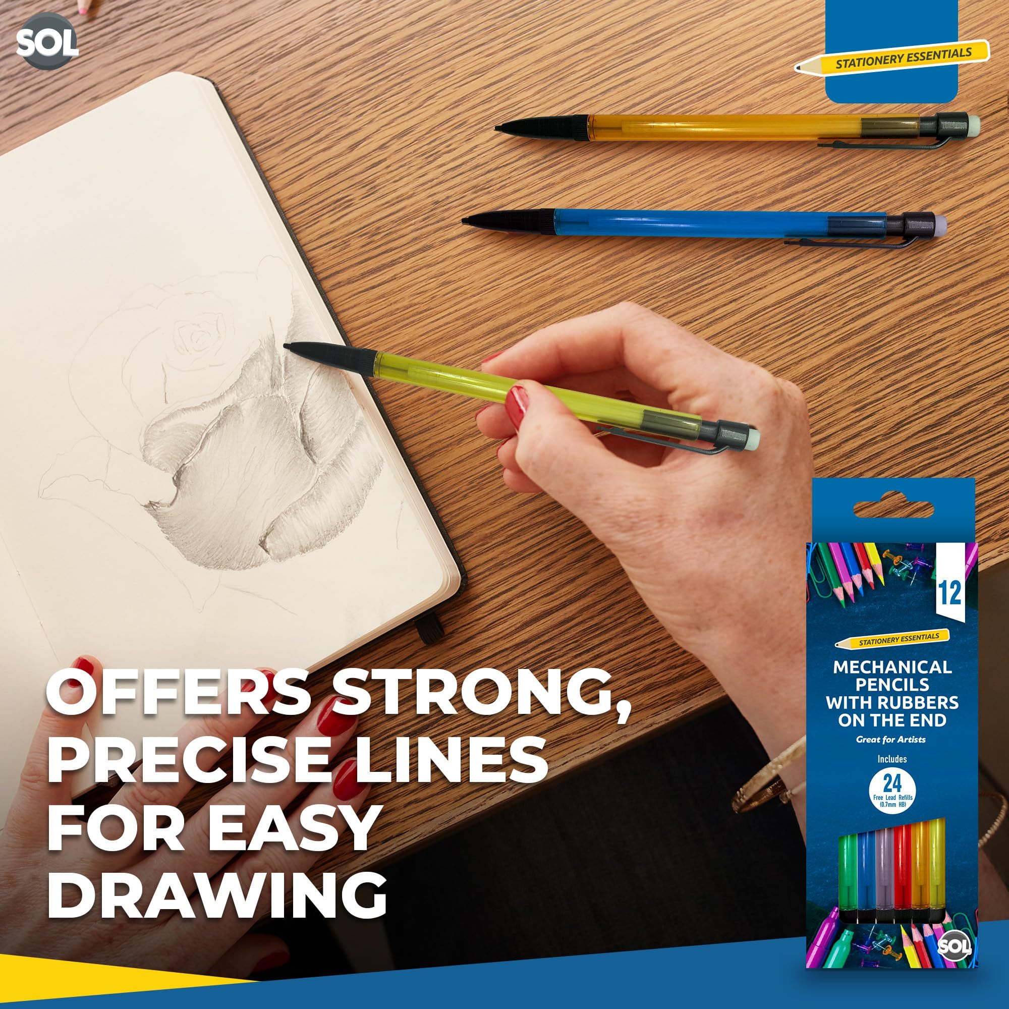 SOL 12 Pack Refillable Mechanical Pencils with Built-In Erasers, 0.7mm HB
