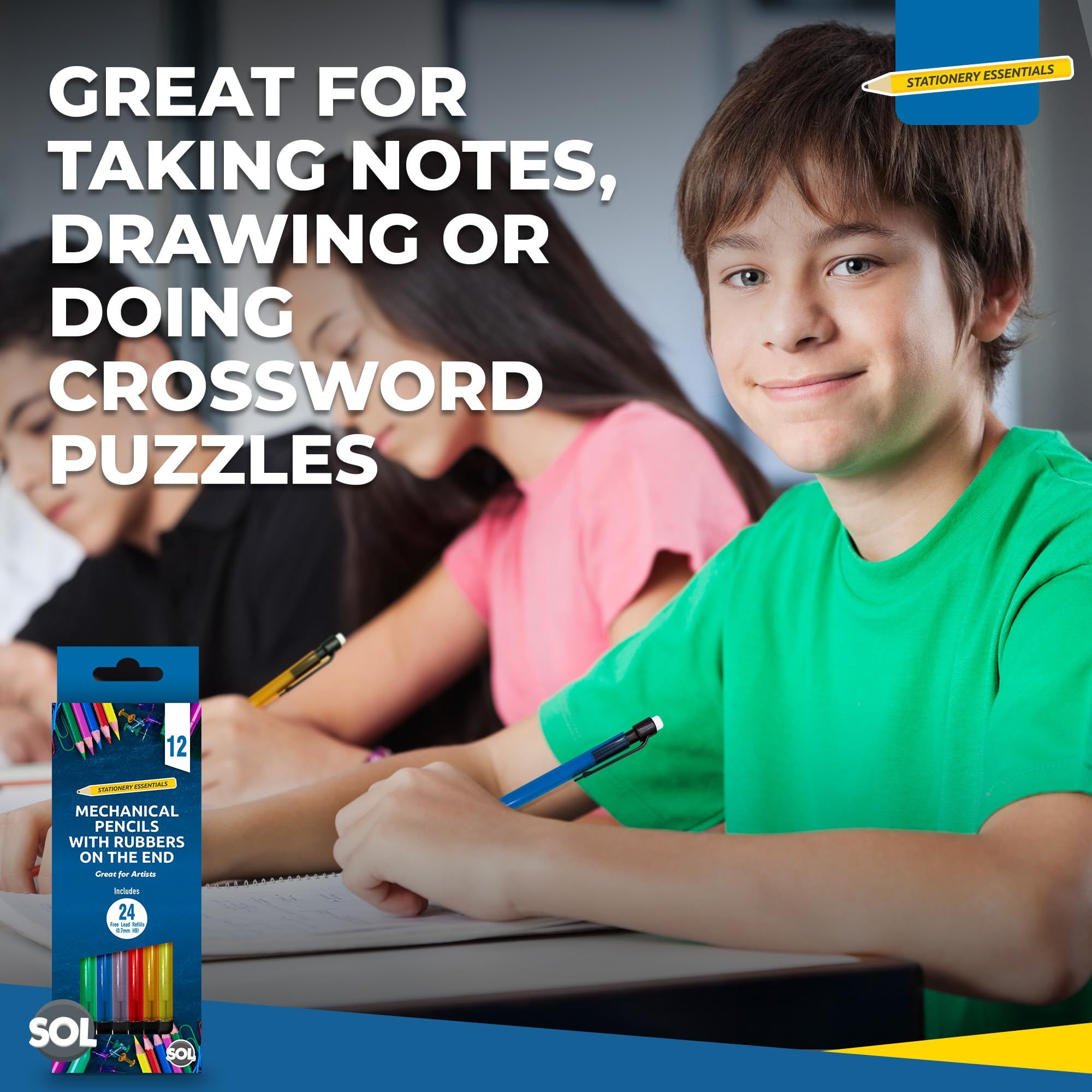 SOL 12 Pack Refillable Mechanical Pencils with Built-In Erasers, 0.7mm HB