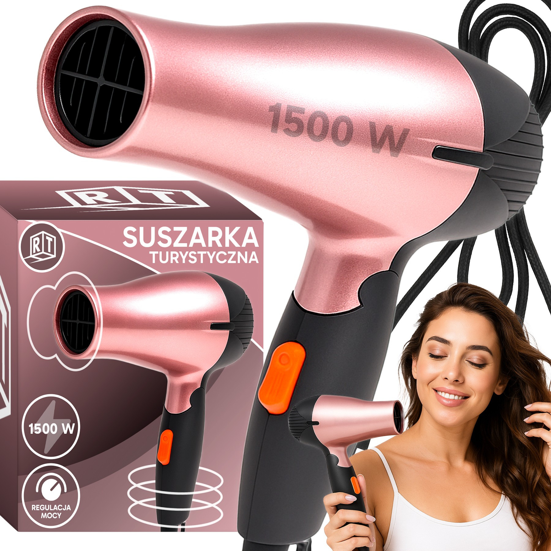 TEMU Séchoir à Cheveux de Voyage Compact et Pliable, de 1500W, 2 Vitesses, Poignée Pliable pour un Rangement Facile, Débit d'Air Réglable,