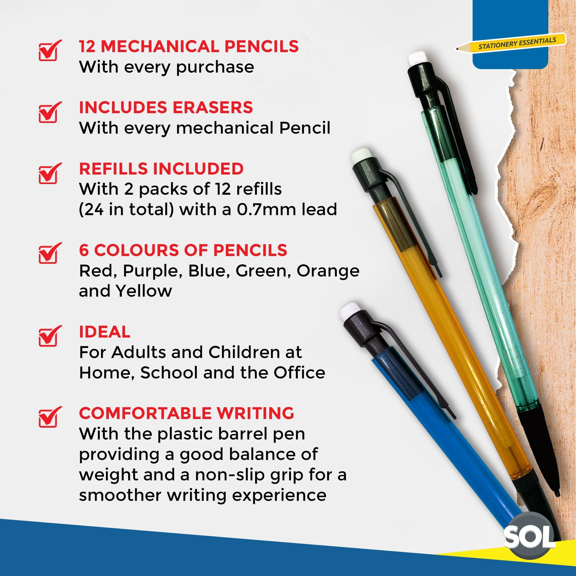 SOL 12 Pack Refillable Mechanical Pencils with Built-In Erasers, 0.7mm HB