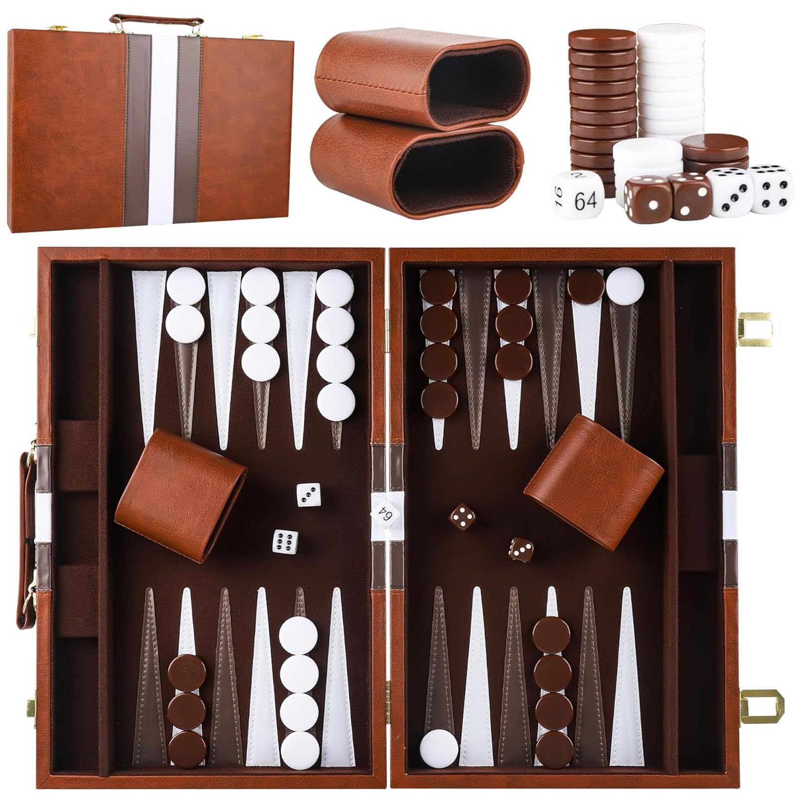 TEMU Klassisches Backgammon-Spiel mit faltbarem Spielbrett,11-Zoll-Backgammon-Set, Standardausgabe, tragbares Reisespiel mit Lederetui, ideales