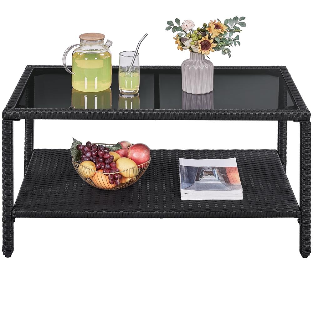 E-shop Costoffs Kaffeetisch aus PE-Rattan Rechteckiger Gartentisch Tischplatte aus Hartglas Gartenmöbel Balkonmöbel Tisch für Indoors/Outdoors