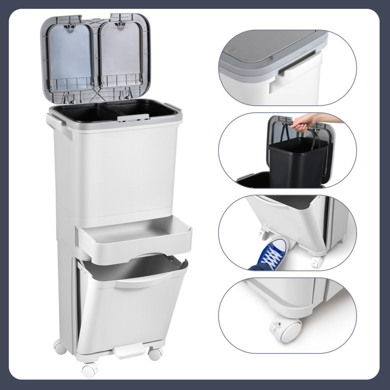 TEMU 3-tier Kitchen Trash Can Dry-wet Trash Can Lidded Trash Can Large Capacity 42l Household Trash Can Pedal Design Mobile Trash Can With Wheels