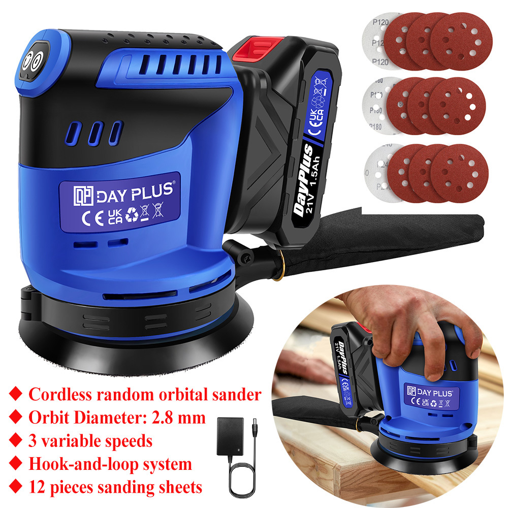 E-shop Akku Exzenterschleifer, 125mm Elektrischer Exzenterschleifer mit 12 Stück Schleifpapier und Staubabsaugbeutel, 3 verschiedene Geschwindigkeiten,